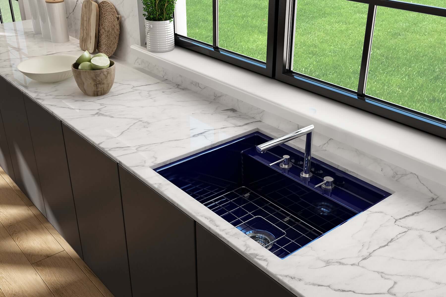 Alternate Image for BOCCHI Baveno Uno 27" Dual Mount Fireclay Workstation Kitchen Sink Kit with Accessories, Sapphire Blue, 1633-010-0127