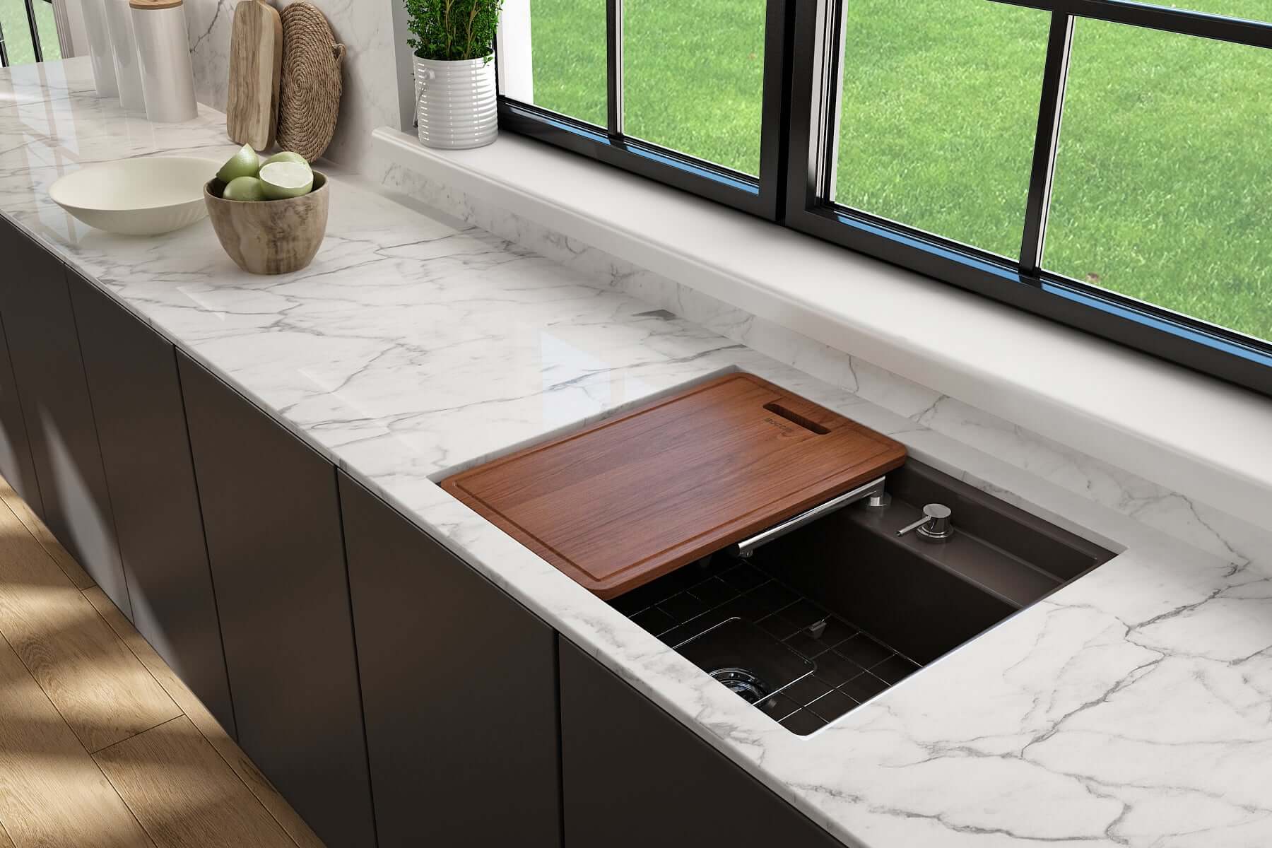 Alternate Image for BOCCHI Baveno Uno 27" Dual Mount Fireclay Workstation Kitchen Sink Kit with Accessories, Matte Brown, 1633-025-0127