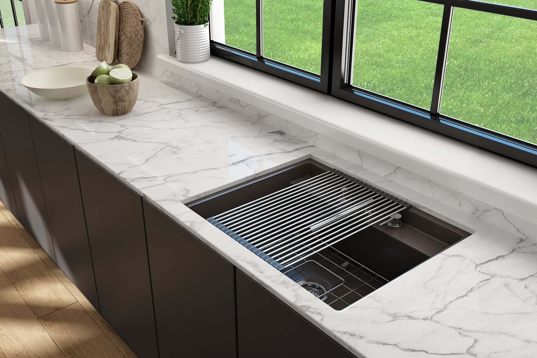 Alternate Image for BOCCHI Baveno Uno 27" Dual Mount Fireclay Workstation Kitchen Sink Kit with Accessories, Matte Brown, 1633-025-0127