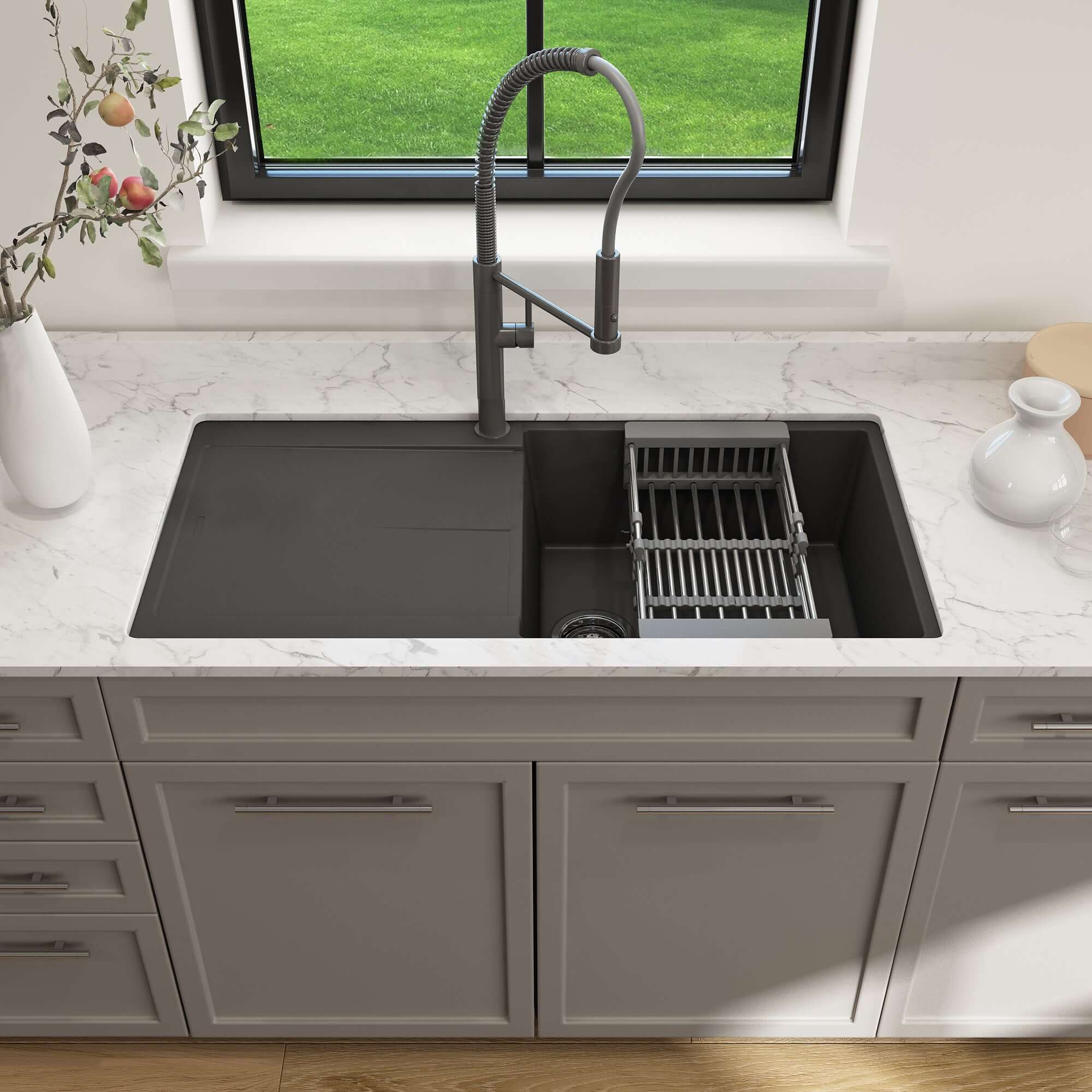 BOCCHI 1635-504-0120, 20 Inch Length Levanzo Dual-Mount Single Bowl Granite Composite Kitchen Sink with Drain Board, Matte Black