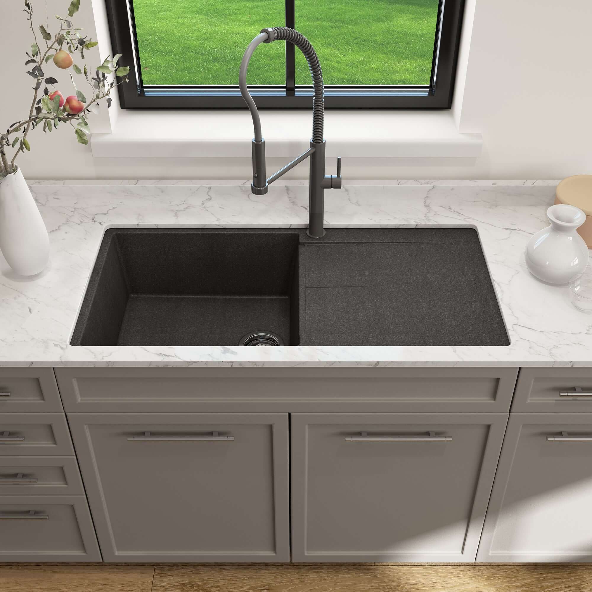 Alternate Image for BOCCHI Levanzo 39" Dual Mount Granite Kitchen Sink Kit, Metallic Black, Includes Drainboard, 1635-505-0120