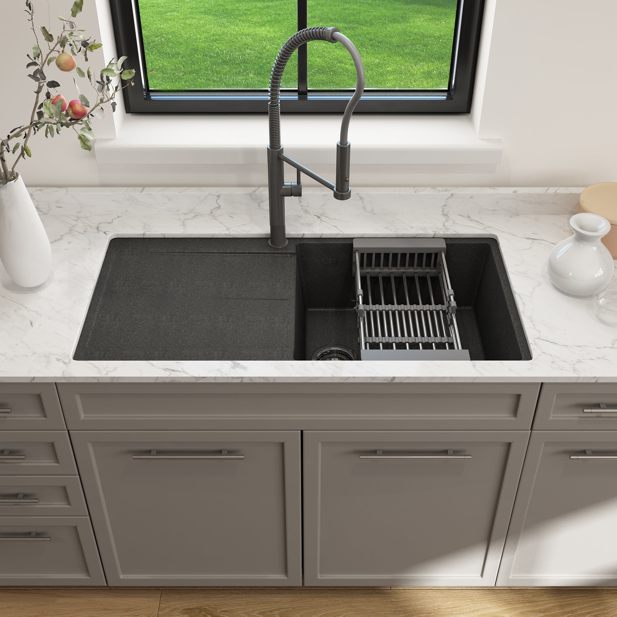 BOCCHI Levanzo 39" Dual Mount Granite Kitchen Sink Kit, Metallic Black, Includes Drainboard, 1635-505-0120