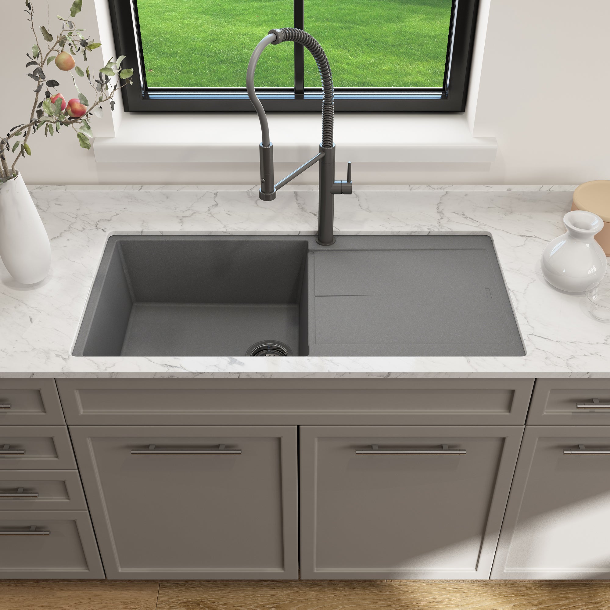 Alternate Image for BOCCHI Levanzo 39" Dual Mount Granite Kitchen Sink Kit, Concrete Gray, Includes Drainboard, 1635-506-0120