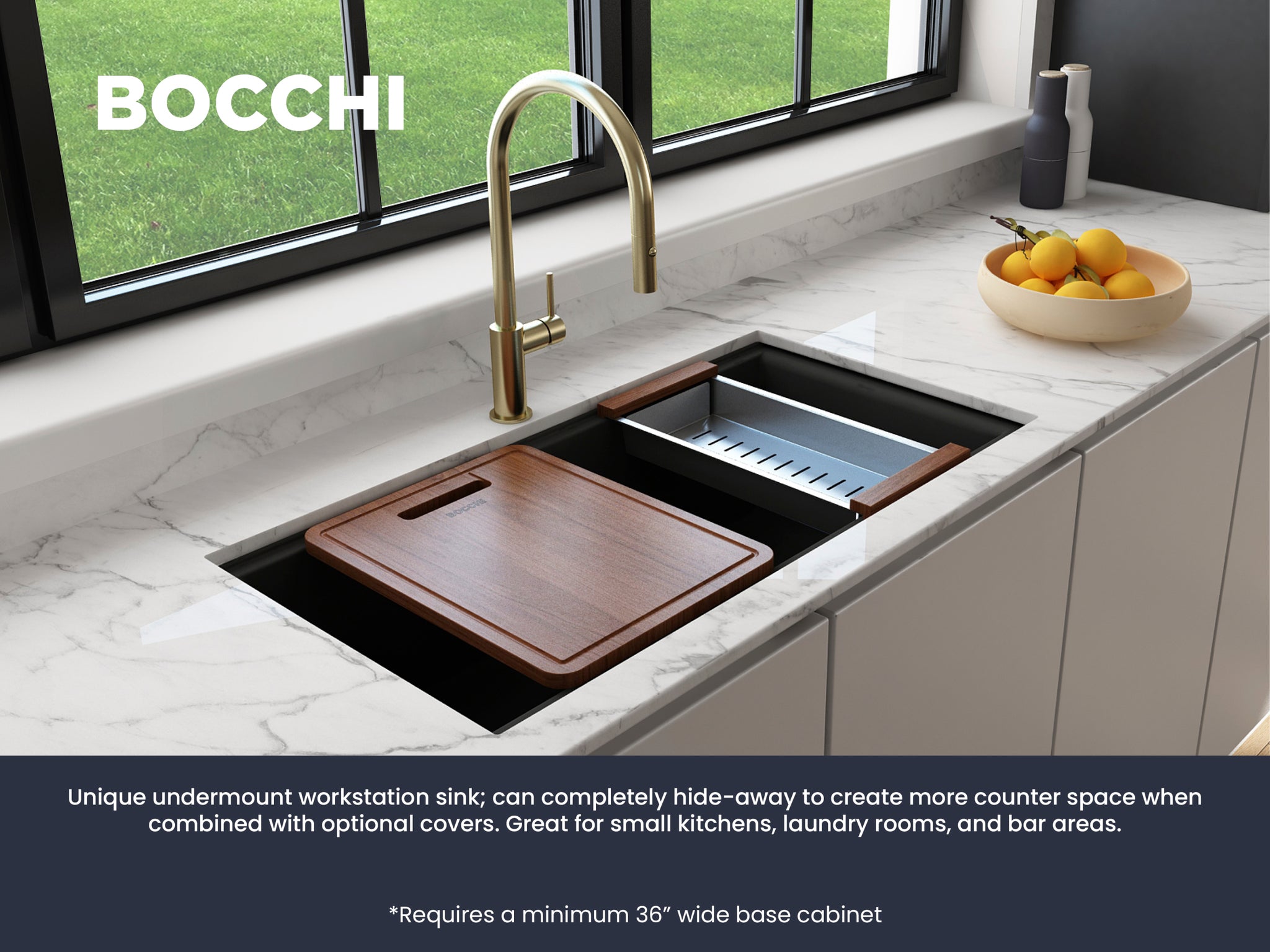 Alternate Image for BOCCHI Baveno Lux 34" Undermount Granite Workstation Kitchen Sink Kit with Accessories, 50/50 Double Bowl, Matte Black, 1618-504-0126