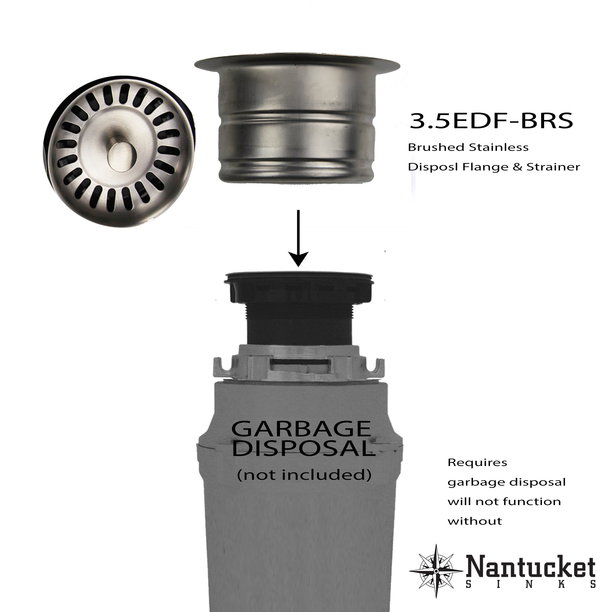 Alternate Image for Nantucket Sink 3.5 Inch Extended Flange Disposal Kitchen Drain in Brushed Stainless 3.5EDF-BRS