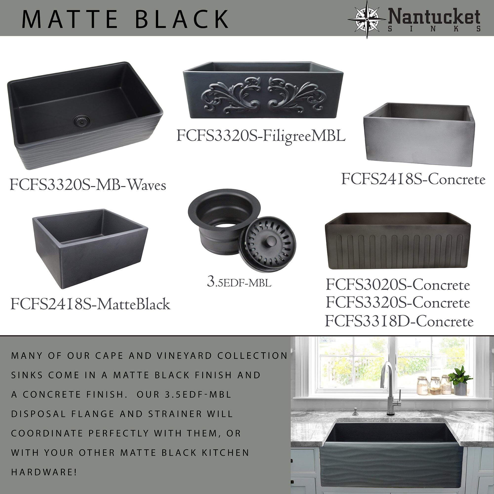Alternate Image for Nantucket Sinks Vineyard 33" Fireclay Farmhouse Sink, Matte Black, FCFS3320S-MB-Waves