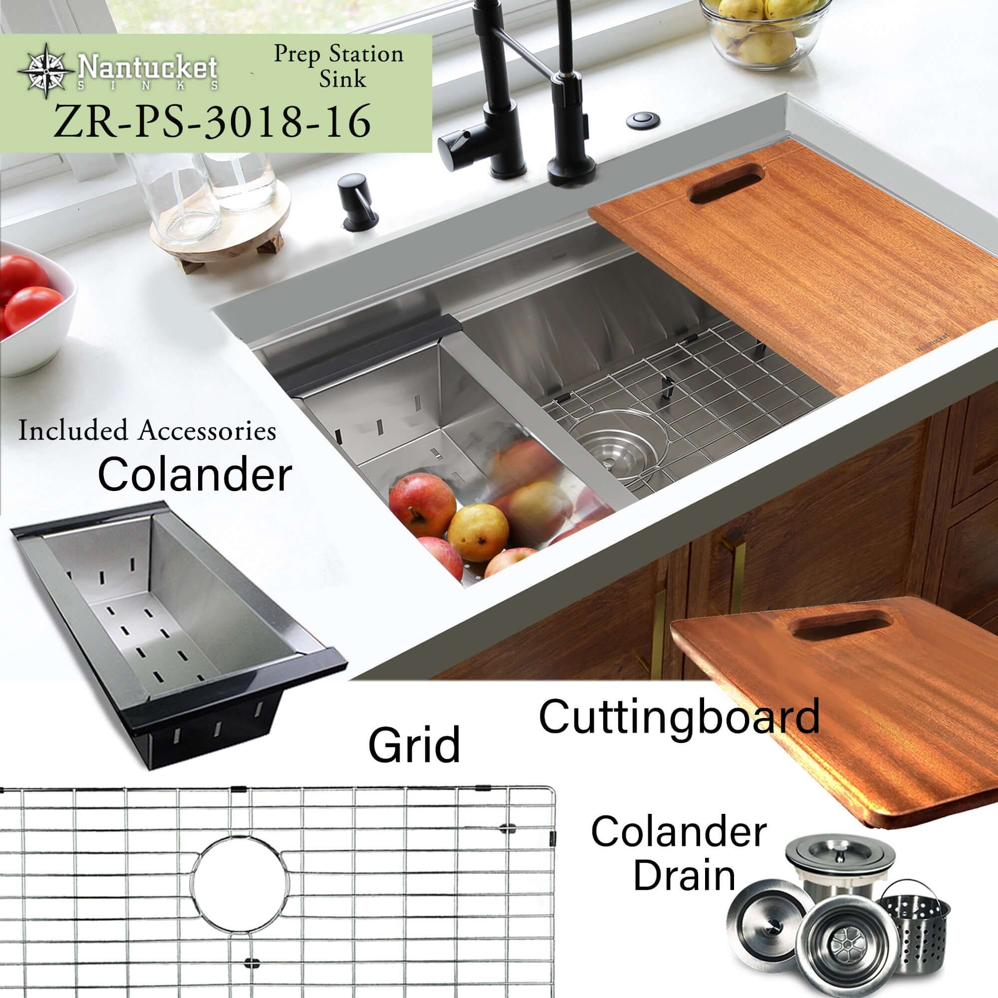 Alternate Image for Nantucket Sinks Pro Series 30" Undermount 304 Stainless Steel Workstation Kitchen Sink with Accessories, ZR-PS-3018-16