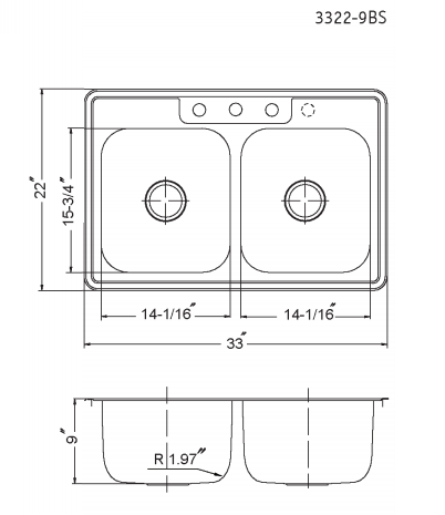 Alternate Image for Houzer 33" Stainless Steel Topmount Double Bowl Kitchen Sink, 18 Gauge, 3322-9BS3-1