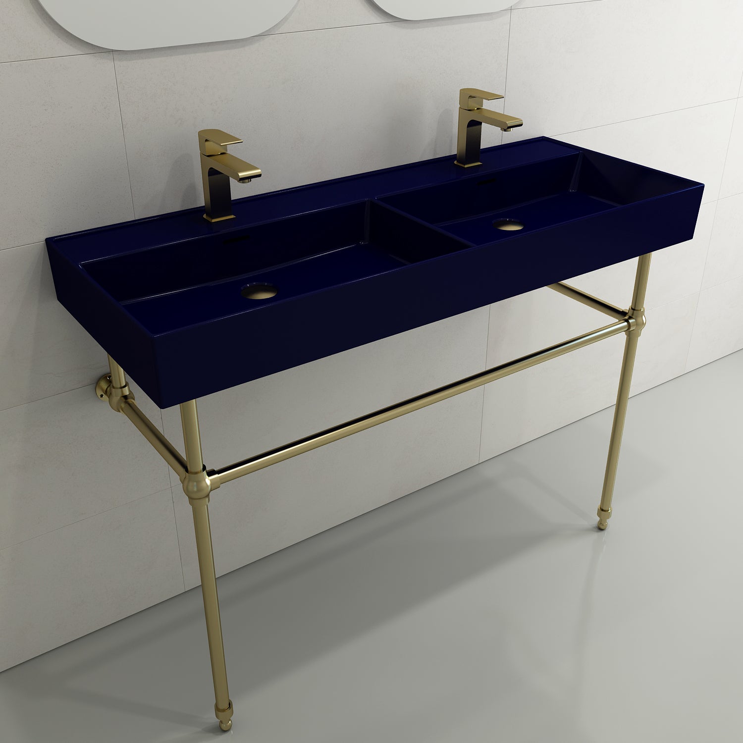 Alternate Image for BOCCHI Milano 48" Rectangle Wallmount Fireclay Bathroom Sink, Double Basin, Sapphire Blue, Single Faucet Hole, 1393-010-0132