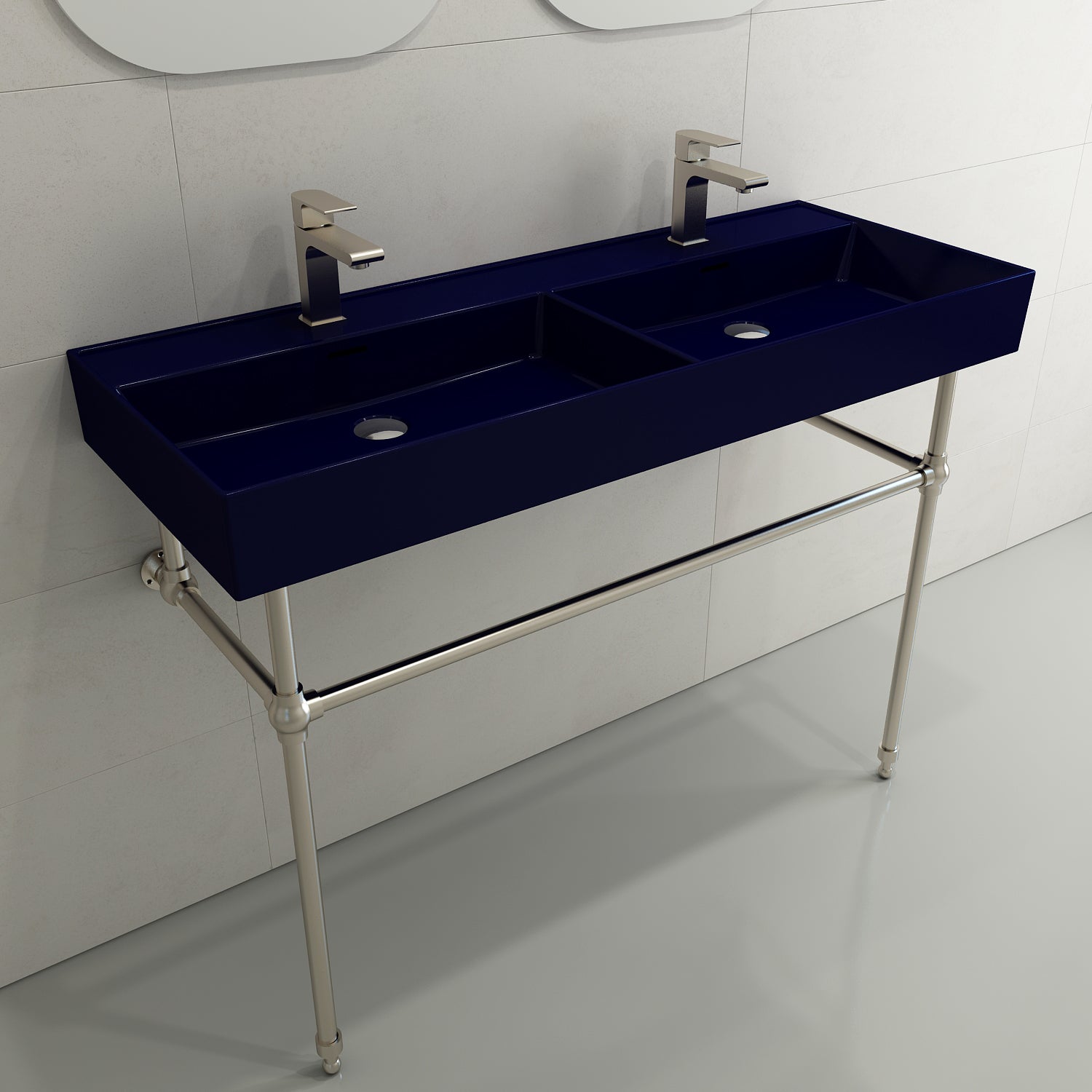 Alternate Image for BOCCHI Milano 48" Rectangle Wallmount Fireclay Bathroom Sink, Double Basin, Sapphire Blue, Single Faucet Hole, 1393-010-0132