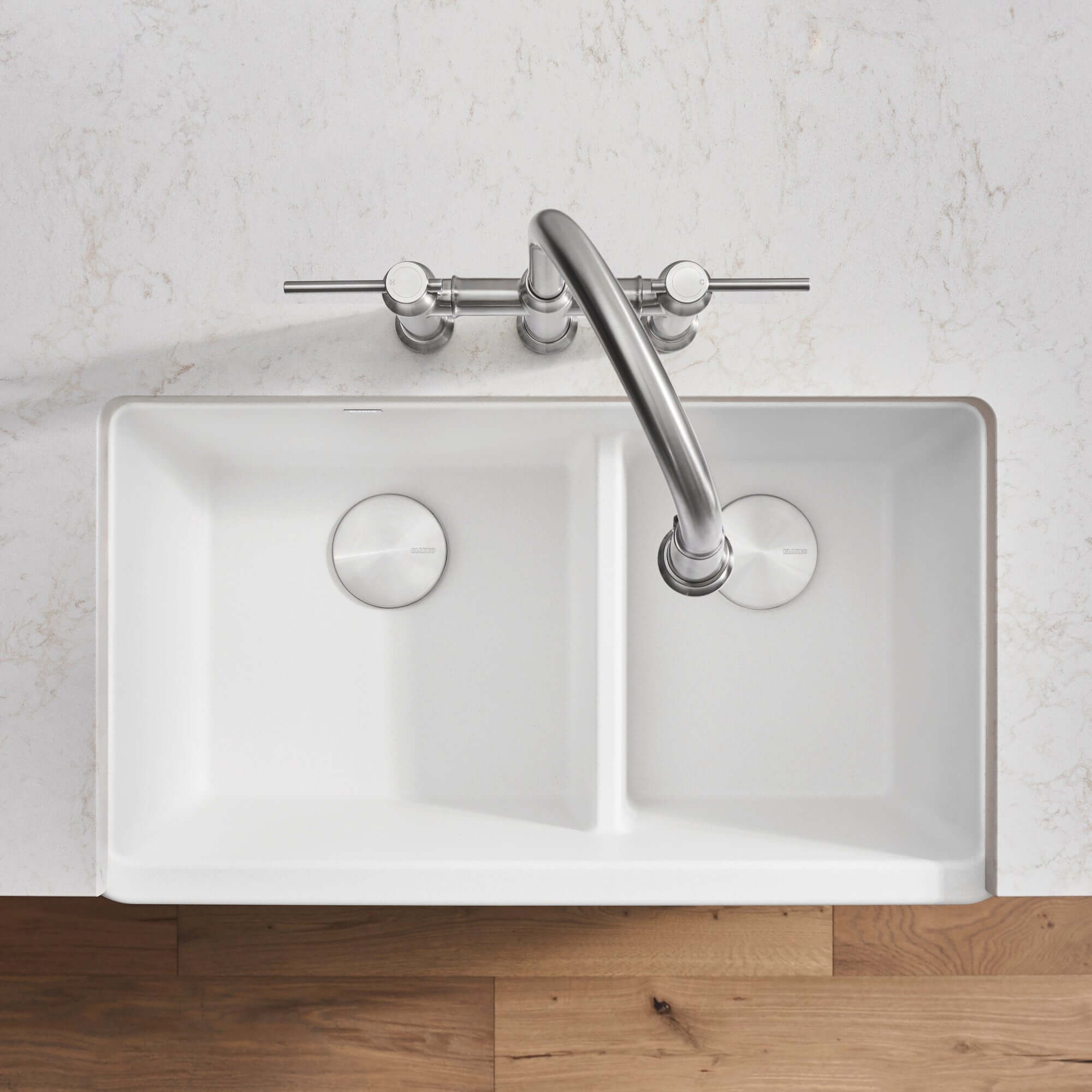 Alternate Image for Blanco Ikon 33" Granite Composite Farmhouse Sink, Silgranit, 60/40 Double Bowl, White, 402324