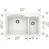 Blanco Diamond 33" Dual Mount Granite Composite Kitchen Sink, Silgranit, 70/30 Double Bowl, White, 440200