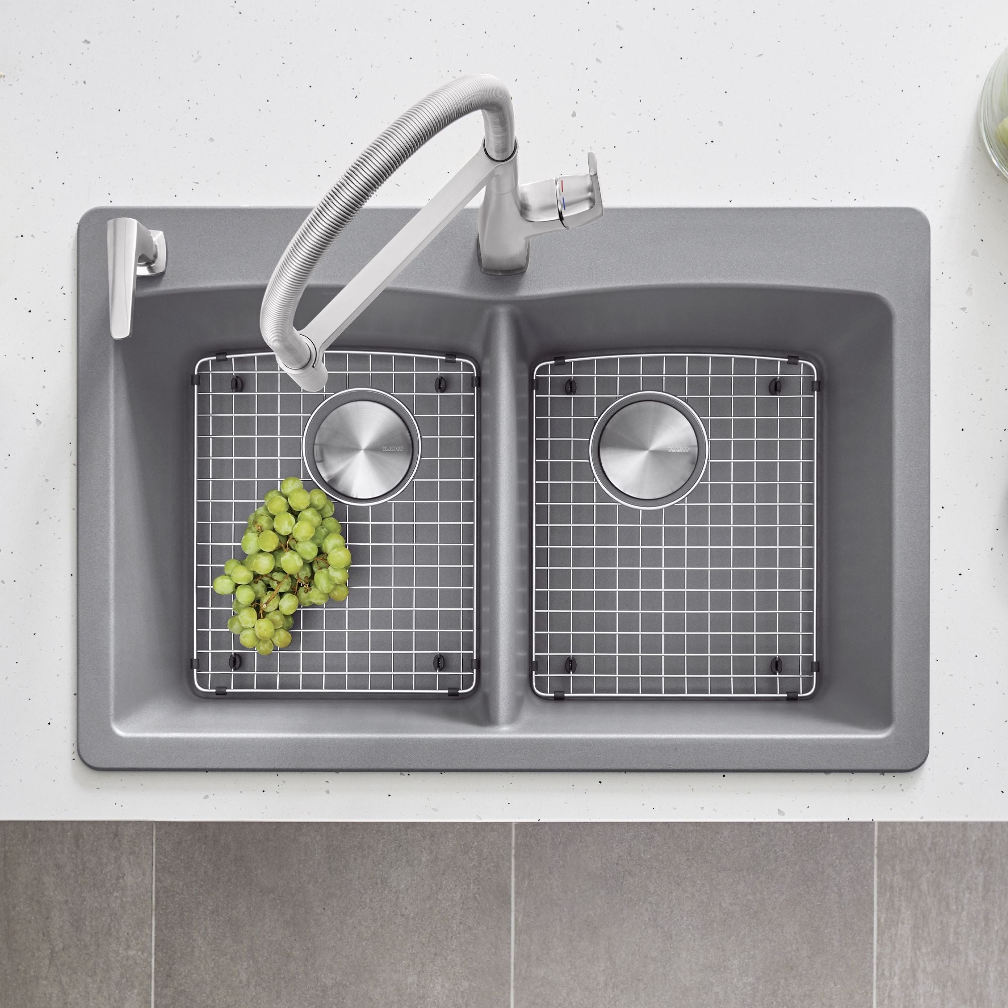 Blanco Diamond 33" Dual Mount Granite Composite Kitchen Sink, Silgranit, 50/50 Double Bowl, Metallic Gray, 440219