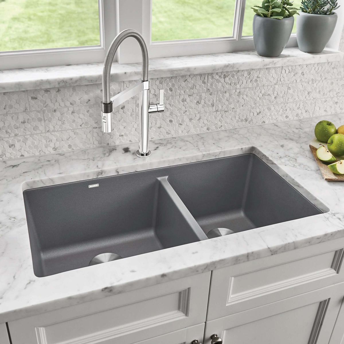 Alternate Image for Blanco Precis 33" Undermount Granite Composite Kitchen Sink, Silgranit, 60/40 Double Bowl, Metallic Gray, 441130