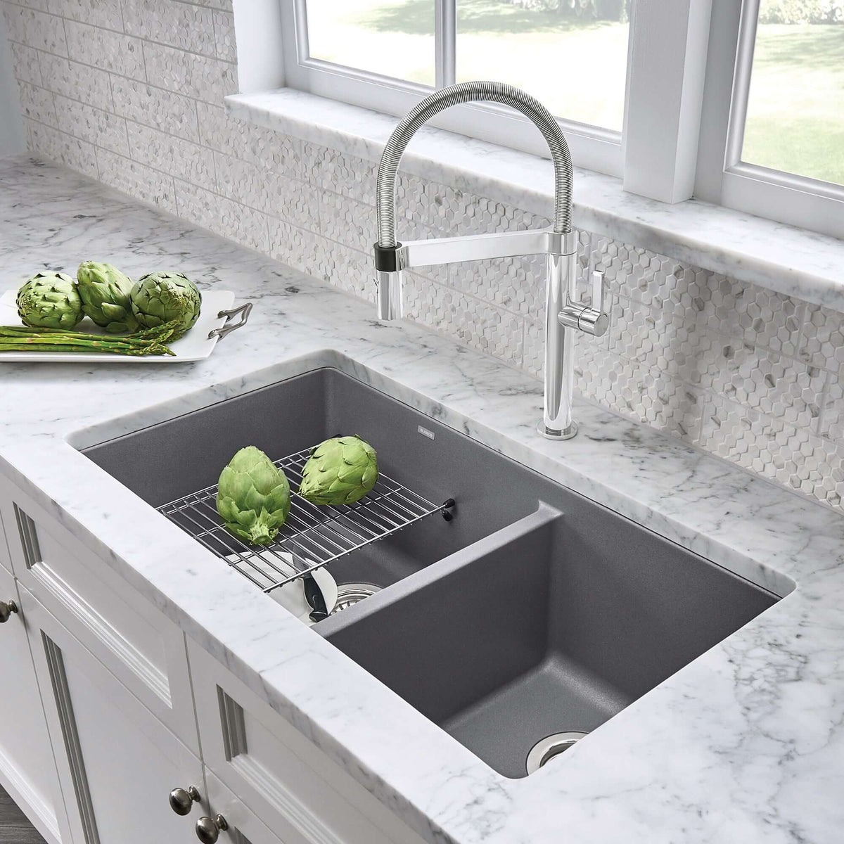 Alternate Image for Blanco Precis 33" Undermount Granite Composite Kitchen Sink, Silgranit, 60/40 Double Bowl, Metallic Gray, 441130