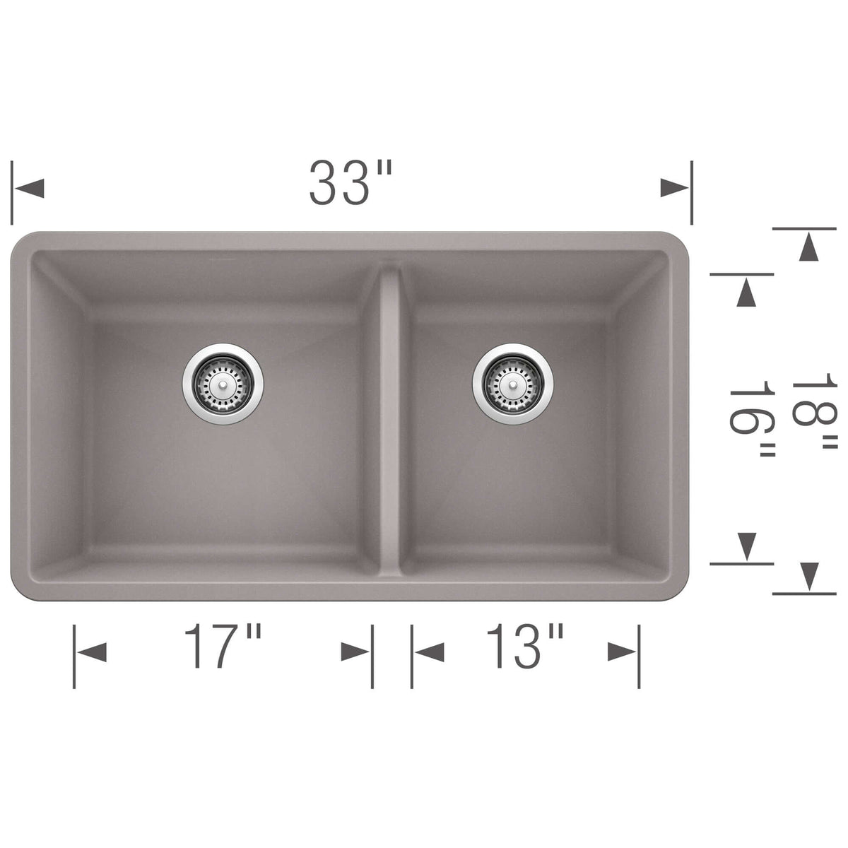Alternate Image for Blanco Precis 33" Undermount Granite Composite Kitchen Sink, Silgranit, 60/40 Double Bowl, Metallic Gray, 441130