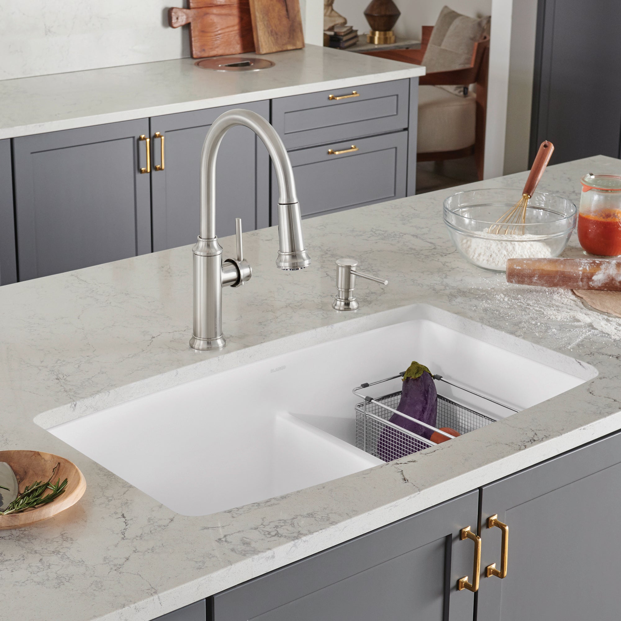 Blanco Performa 33" Undermount Granite Composite Kitchen Sink, Silgranit, 60/40 Double Bowl, White, 441310