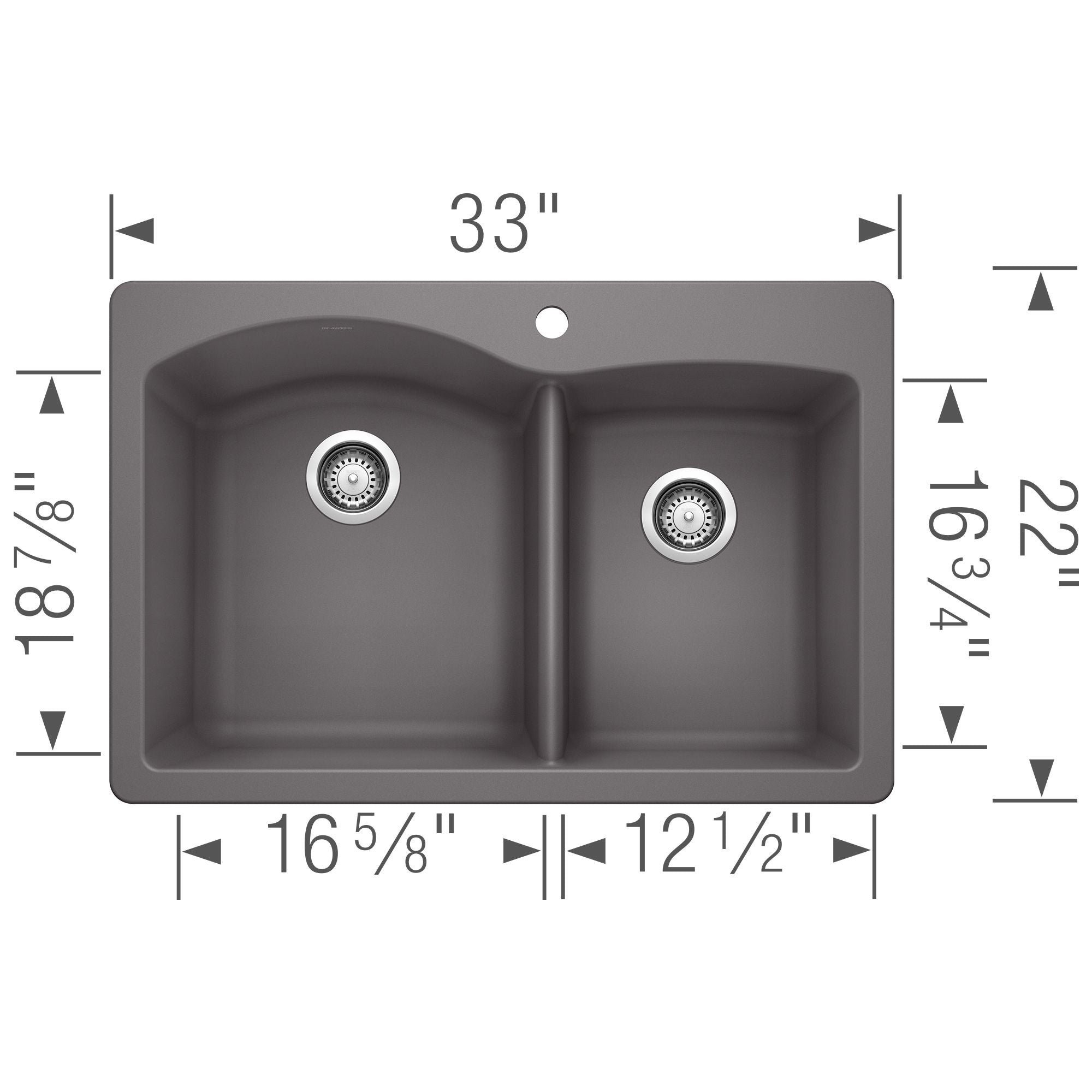 Blanco Diamond 33" Dual Mount Granite Composite Kitchen Sink, Silgranit, 60/40 Double Bowl, Cinder, 441465