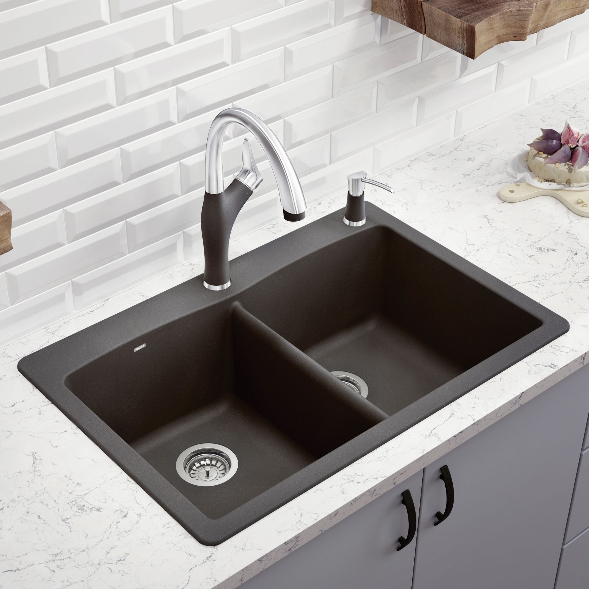 Blanco Diamond 33" Dual Mount Granite Composite Kitchen Sink, Silgranit, 50/50 Double Bowl, Cinder, 441466