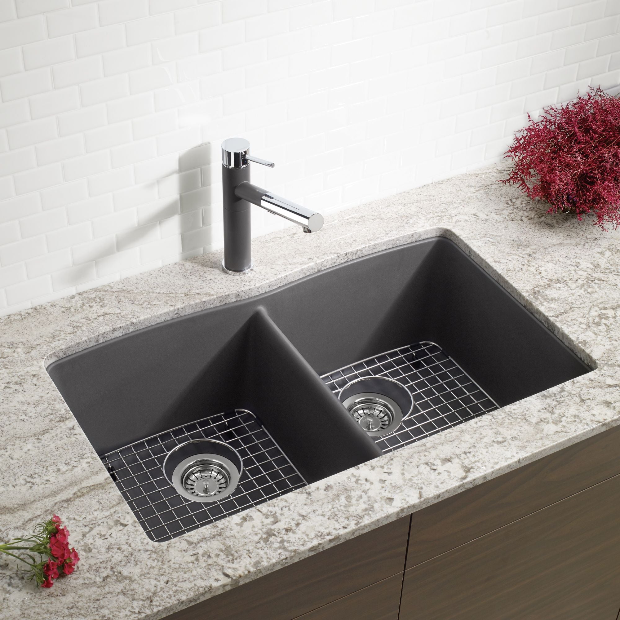 Blanco Diamond 32" Undermount Granite Composite Kitchen Sink, Silgranit, 50/50 Double Bowl, Cinder, 441470
