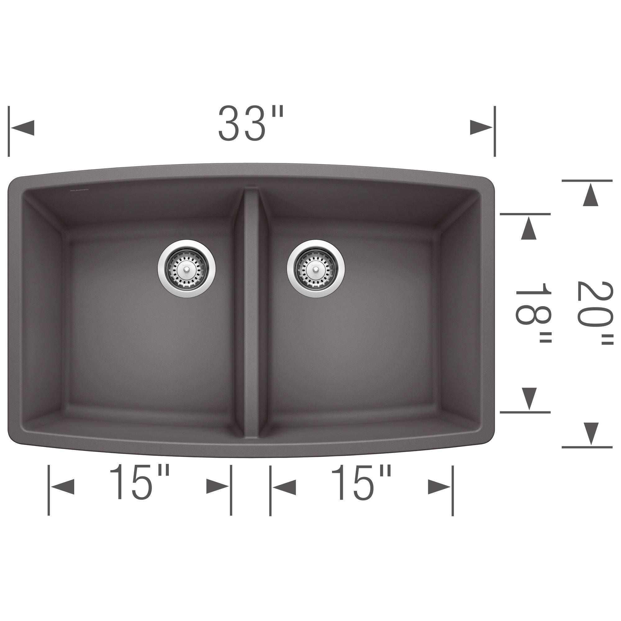 Blanco Performa 33" Undermount Granite Composite Kitchen Sink, Silgranit, 50/50 Double Bowl, Cinder, 441473