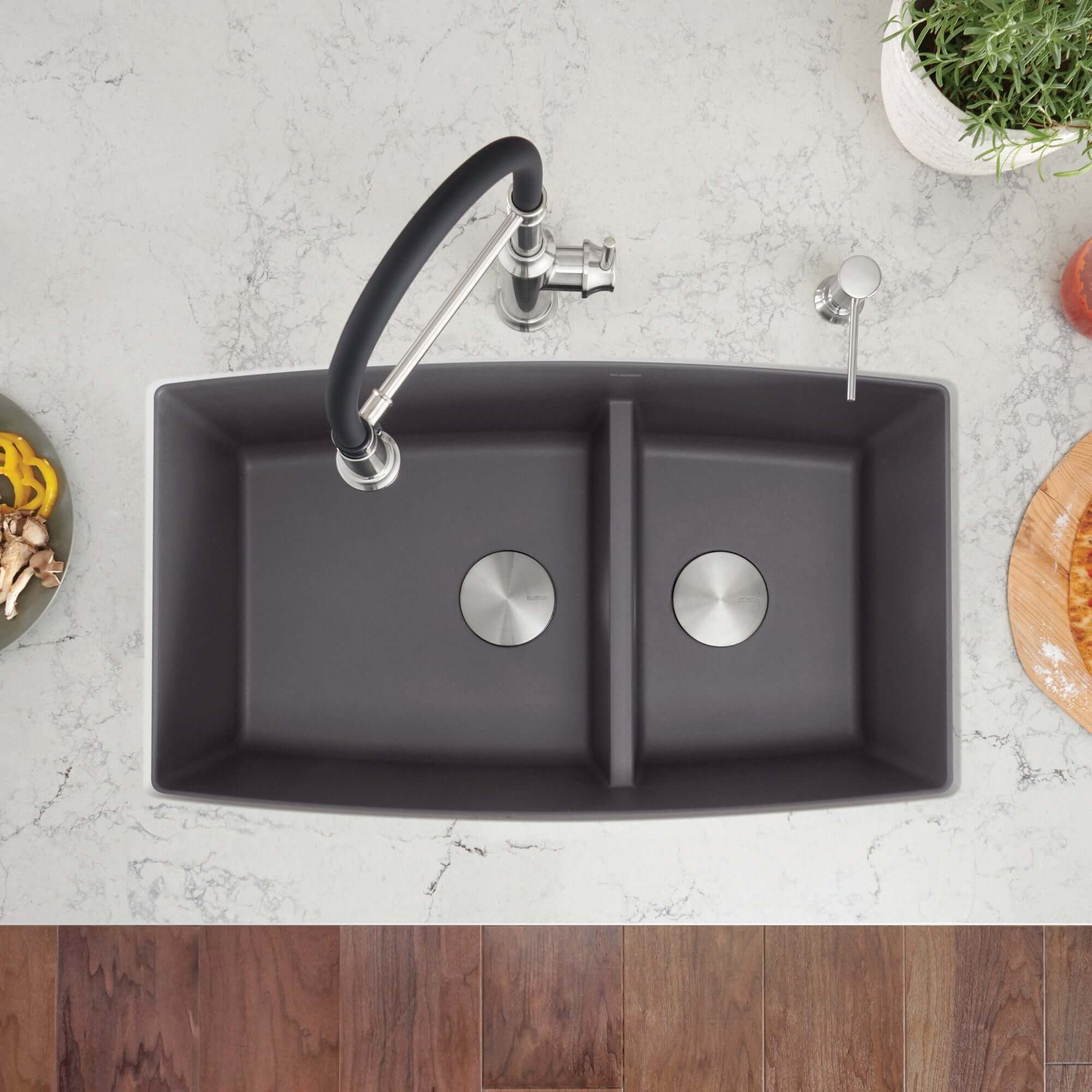 Alternate Image for Blanco Performa 33" Undermount Granite Composite Kitchen Sink, Silgranit, 60/40 Double Bowl, Cinder, 441474