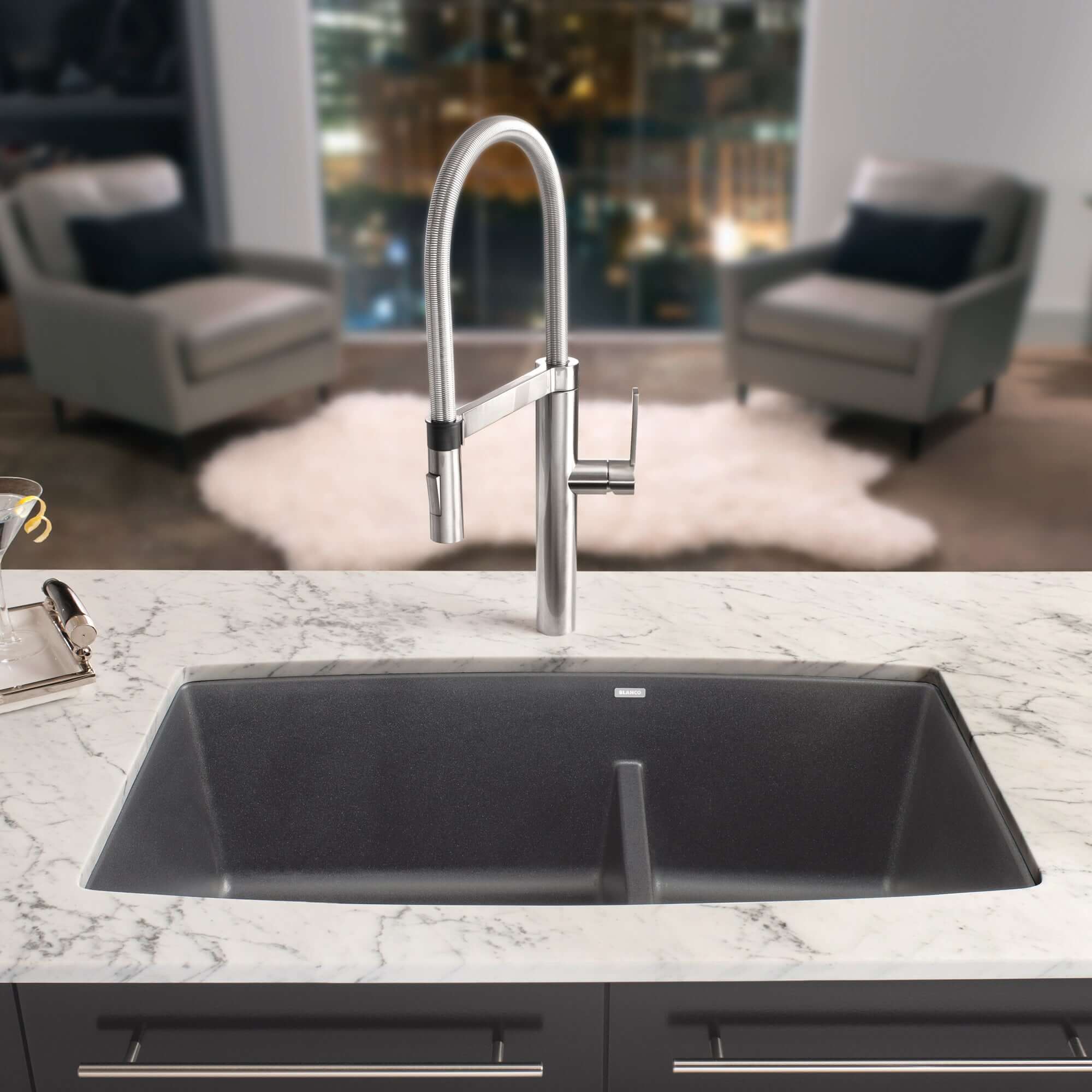 Alternate Image for Blanco Performa 33" Undermount Granite Composite Kitchen Sink, Silgranit, 60/40 Double Bowl, Cinder, 441474