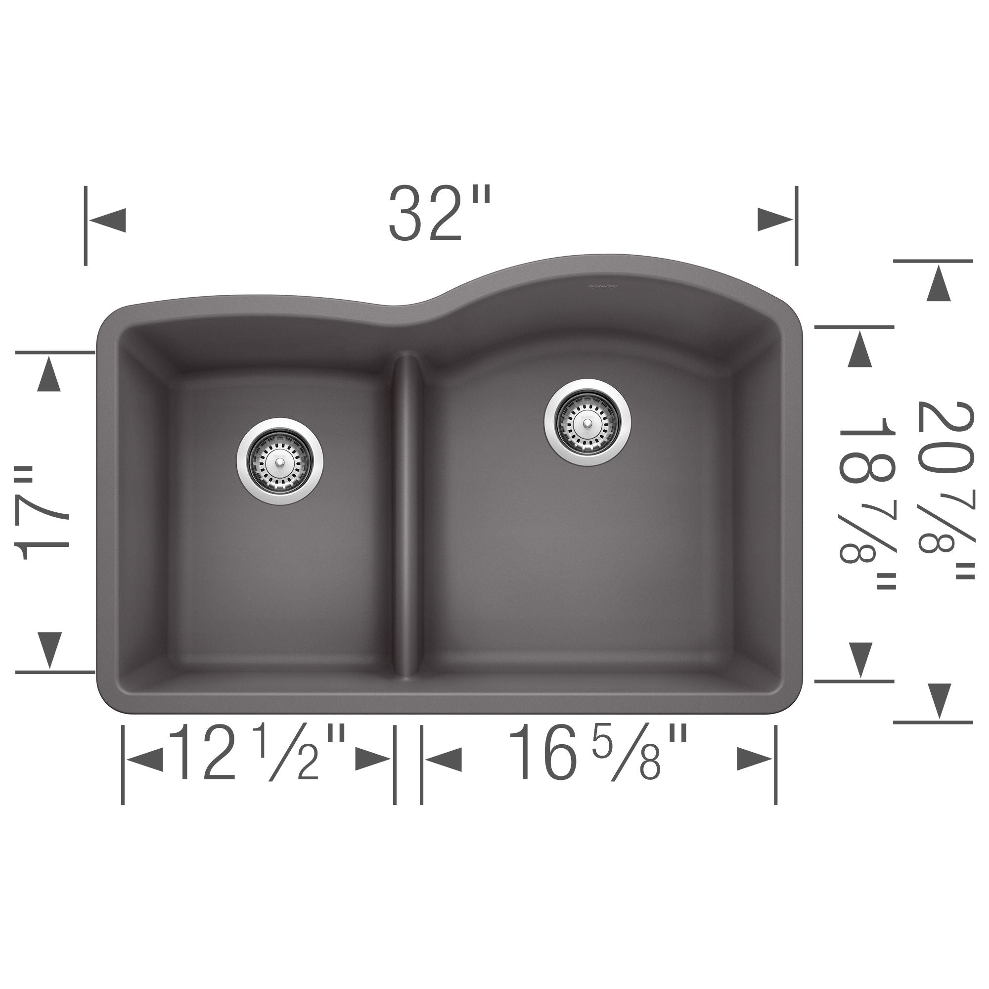 Blanco Diamond 32" Undermount Granite Composite Kitchen Sink, Silgranit, 40/60 Double Bowl, Cinder, 441600