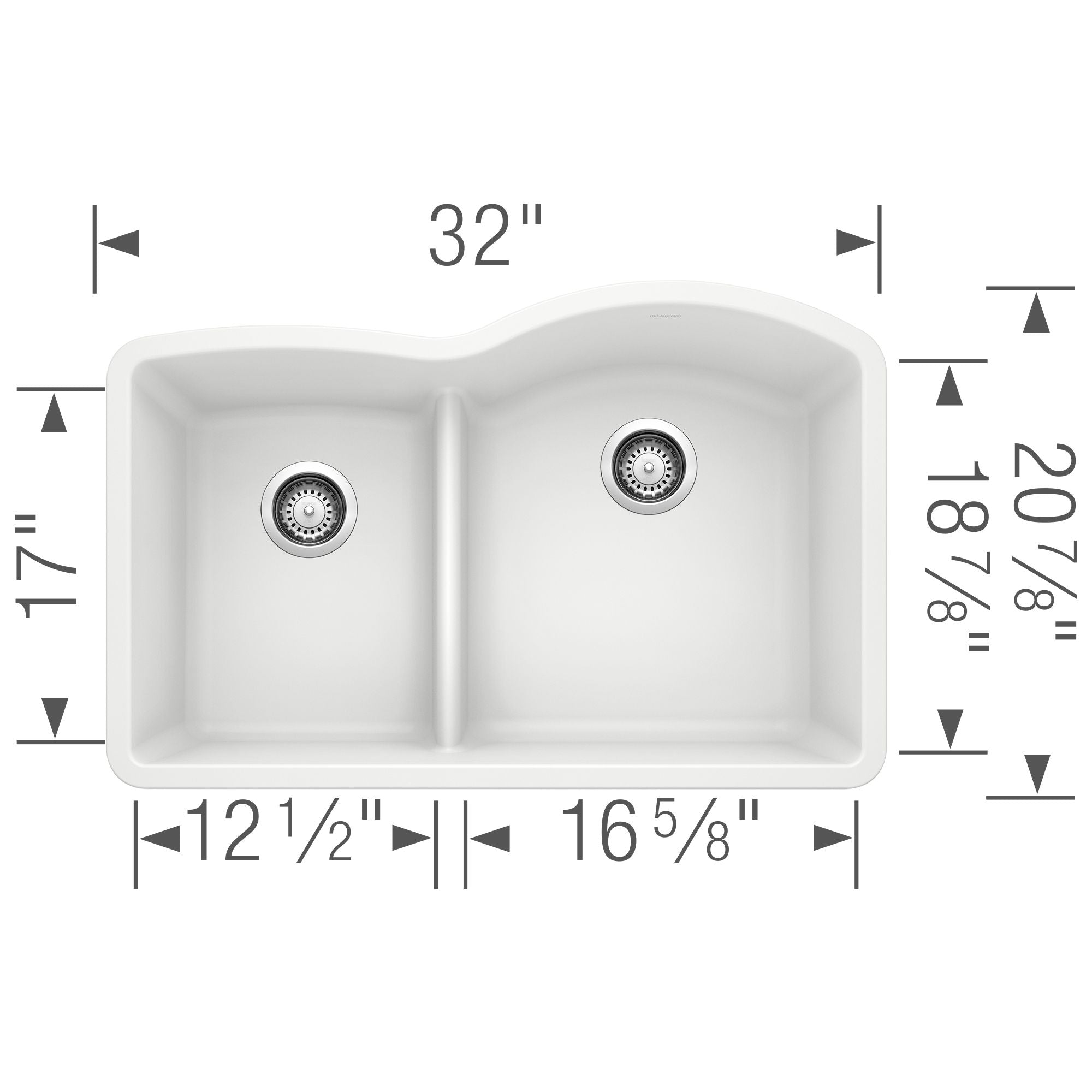 Blanco Diamond 32" Undermount Granite Composite Kitchen Sink, Silgranit, 40/60 Double Bowl, White, 441603