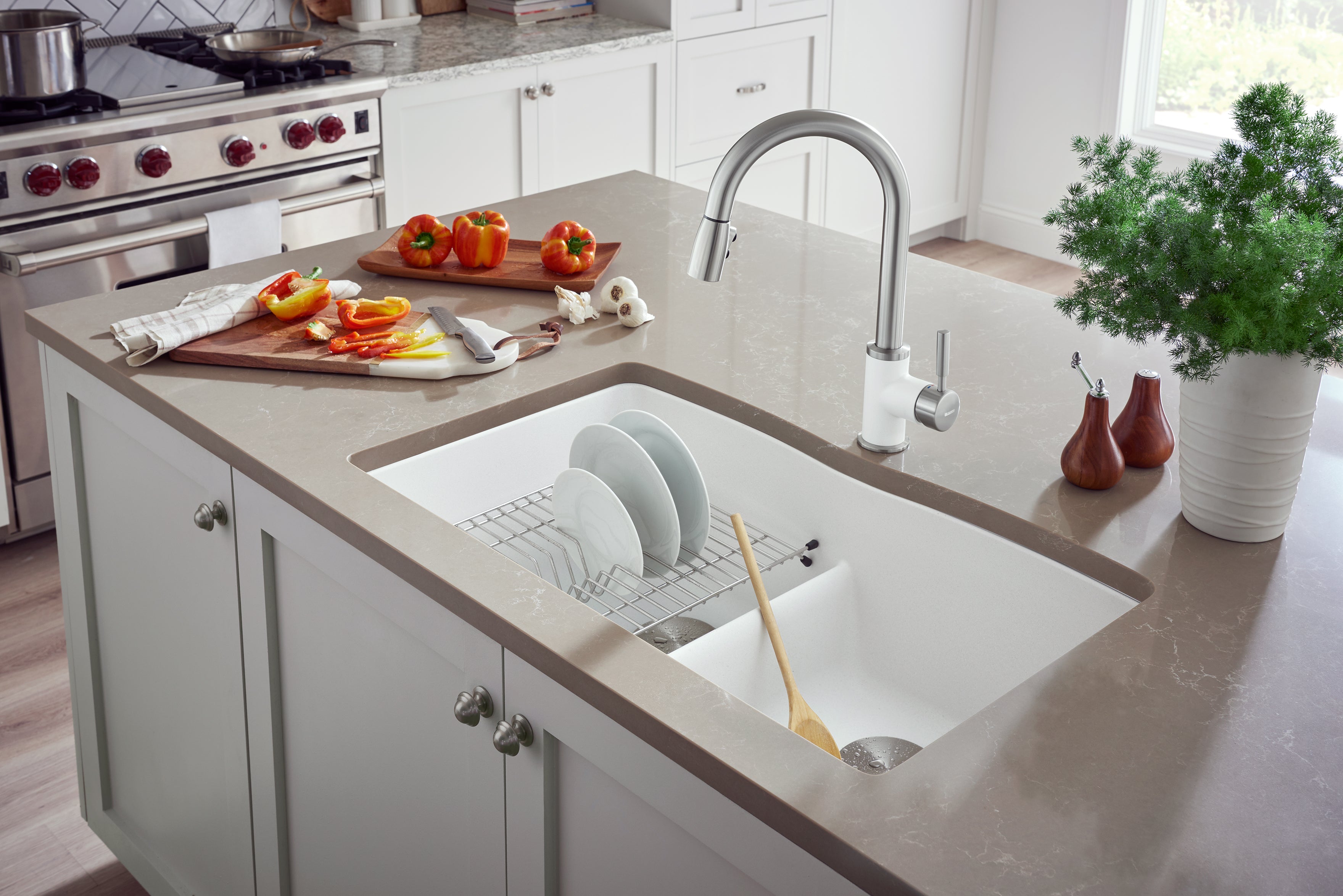 Blanco Diamond 32" Undermount Granite Composite Kitchen Sink, Silgranit, 50/50 Double Bowl, White, 442074