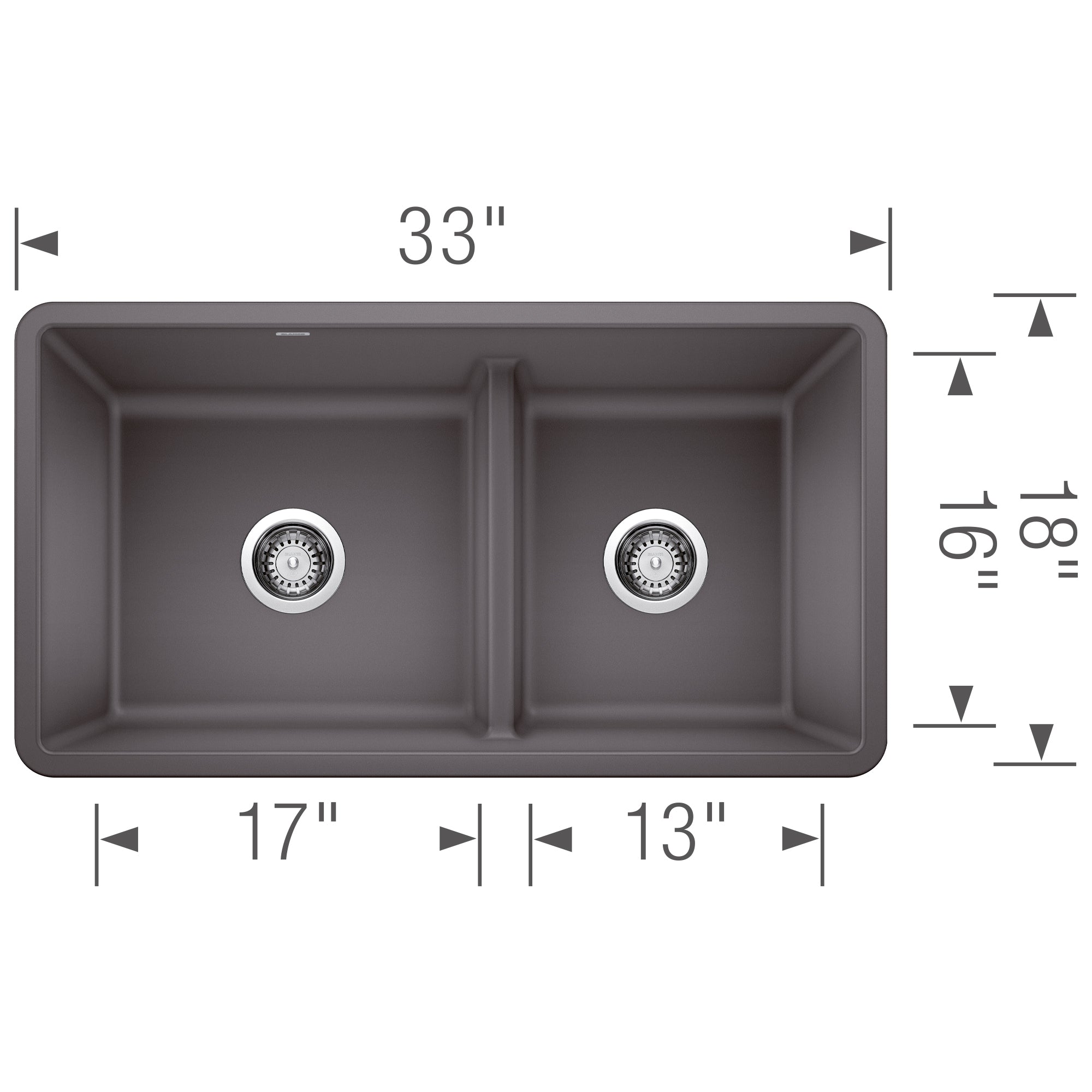 Blanco Precis 33" Undermount Granite Composite Kitchen Sink, Silgranit, 60/40 Double Bowl, Cinder, 442521