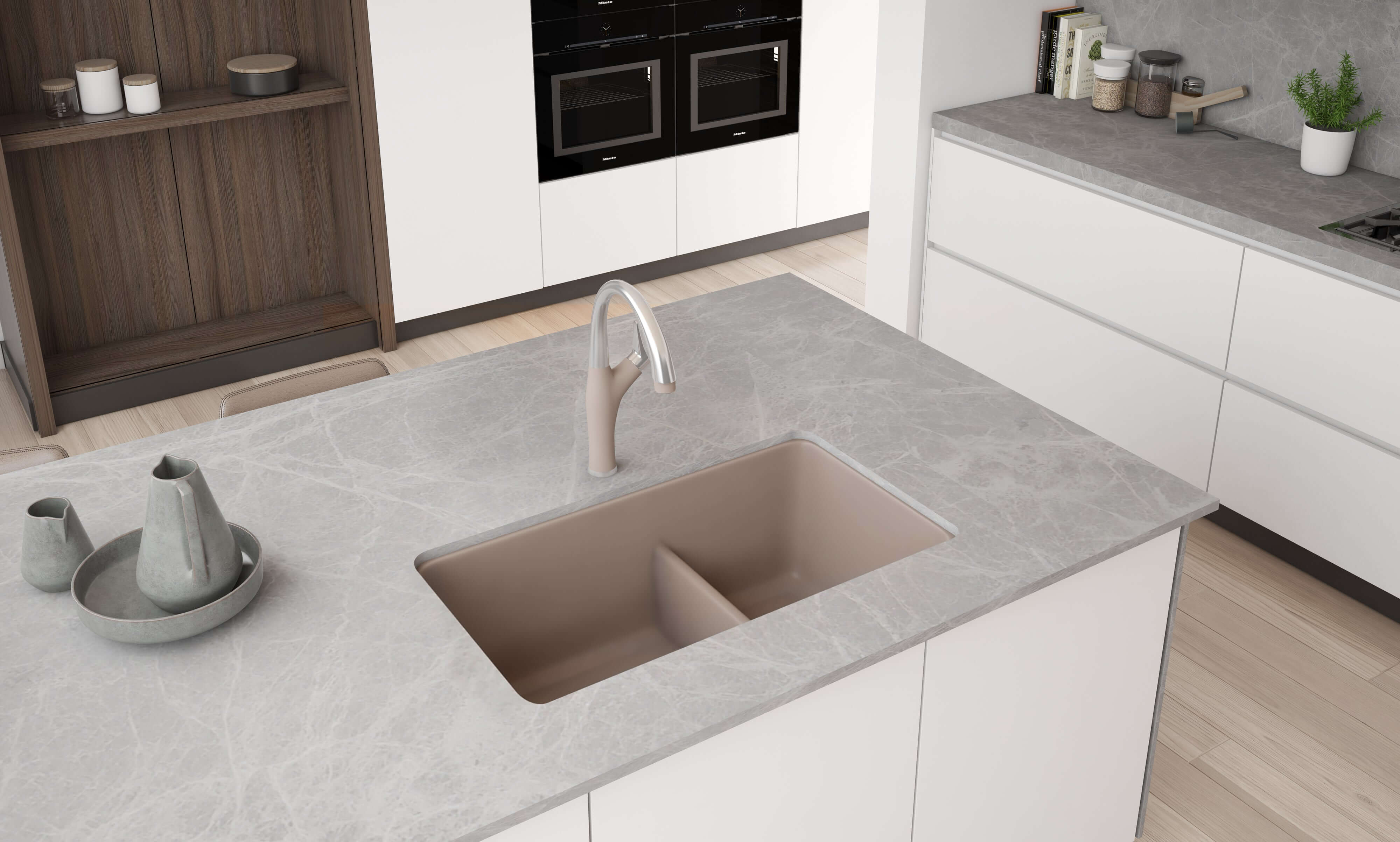 Alternate Image for Blanco Precis 33" Undermount Granite Composite Kitchen Sink, Silgranit, 60/40 Double Bowl, Truffle, 442522