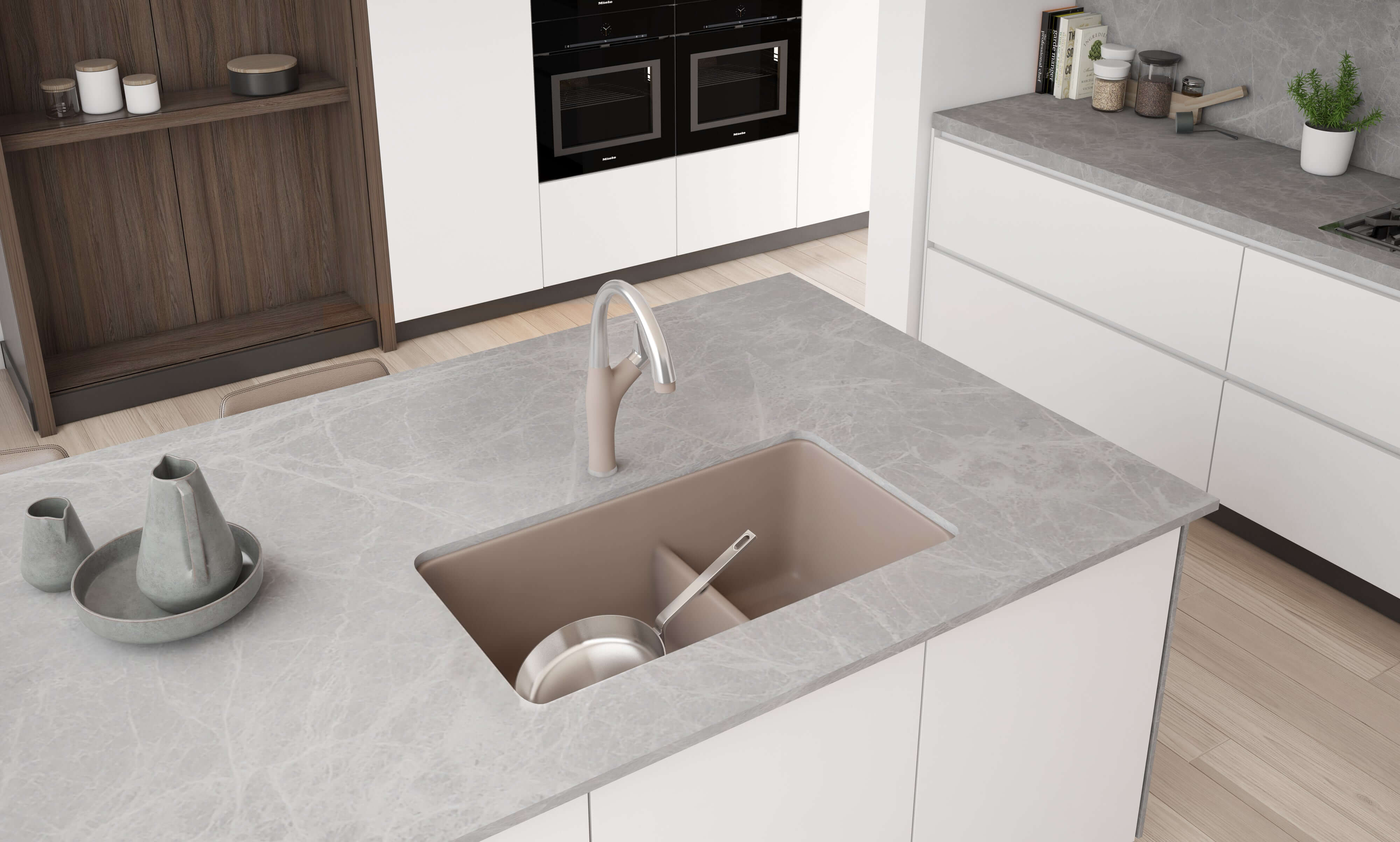 Alternate Image for Blanco Precis 33" Undermount Granite Composite Kitchen Sink, Silgranit, 60/40 Double Bowl, Truffle, 442522
