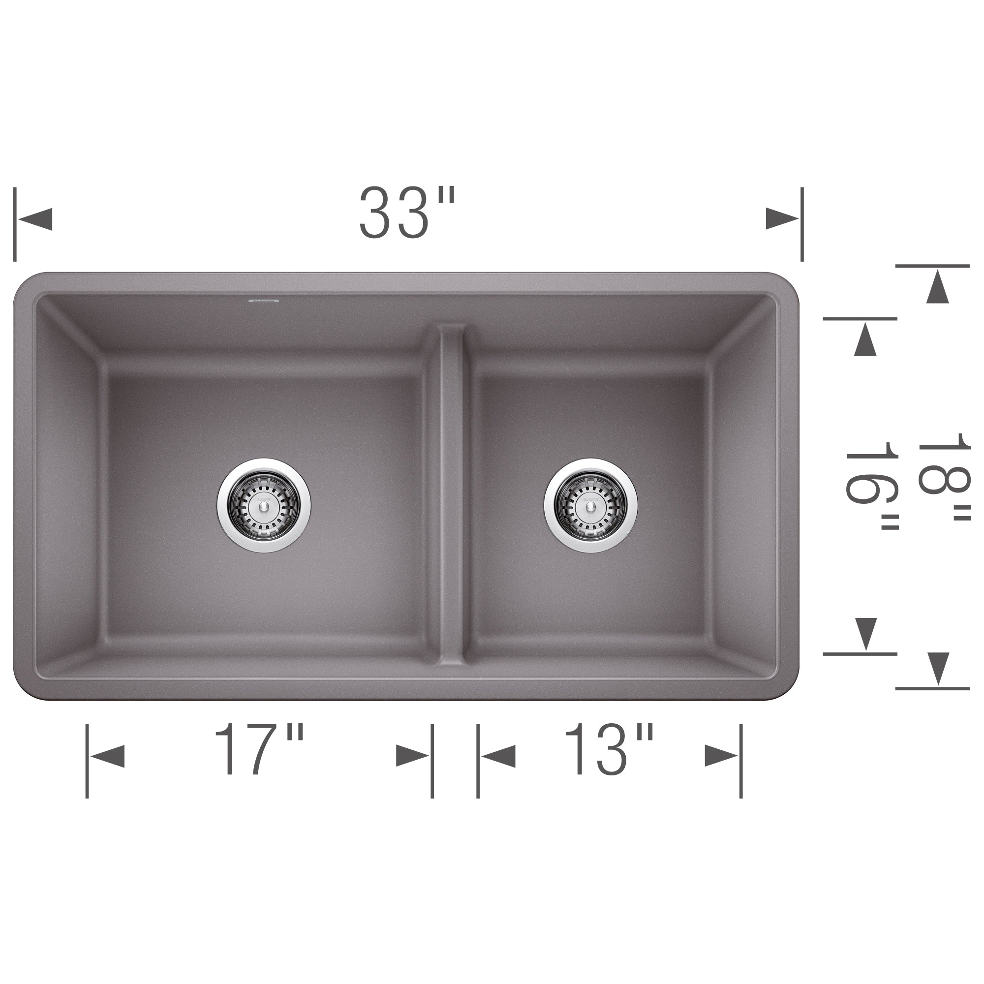 Blanco Precis 33" Undermount Granite Composite Kitchen Sink, Silgranit, 60/40 Double Bowl, Metallic Gray, 442527