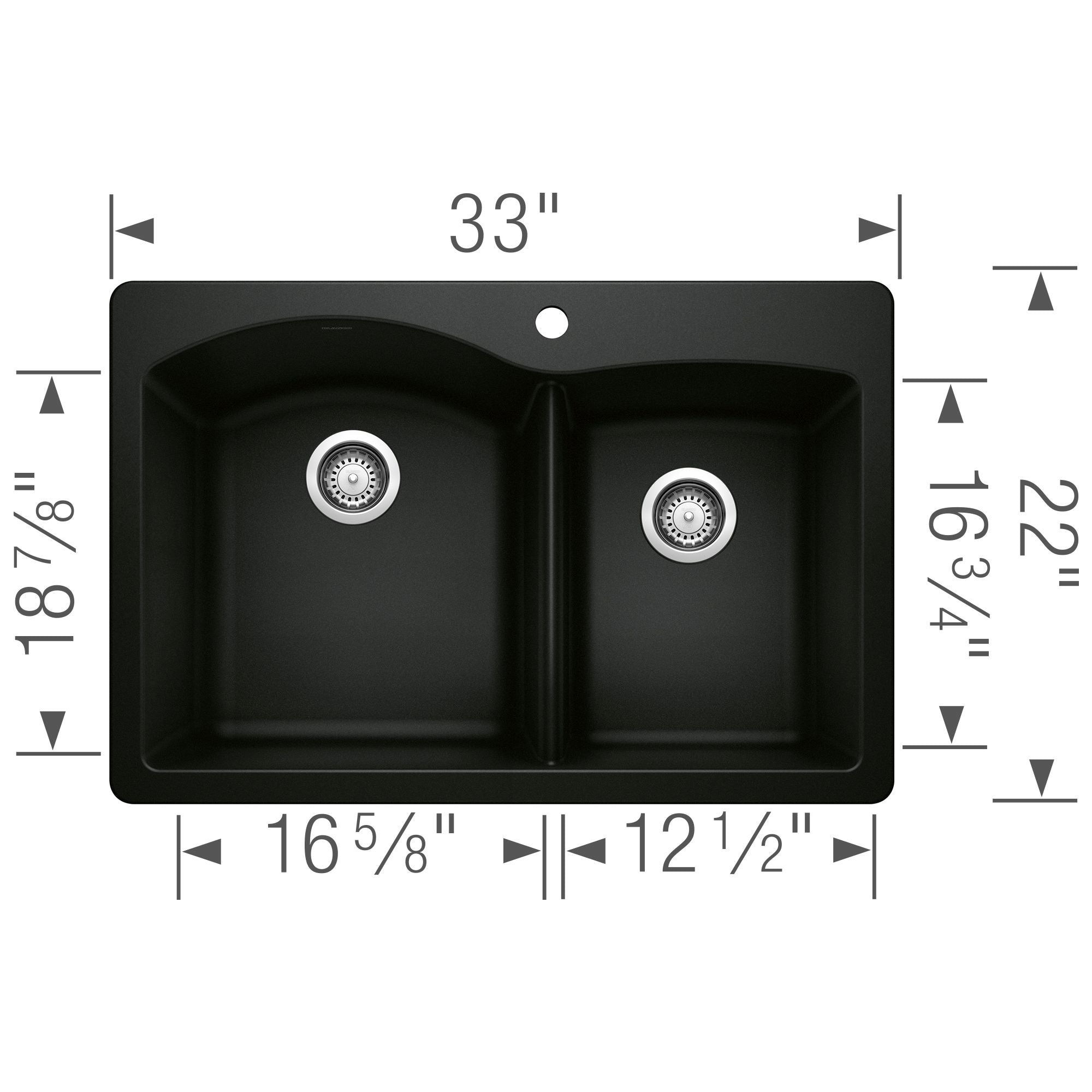 Blanco Diamond 33" Dual Mount Granite Composite Kitchen Sink, Silgranit, 60/40 Double Bowl, Coal Black, 442908