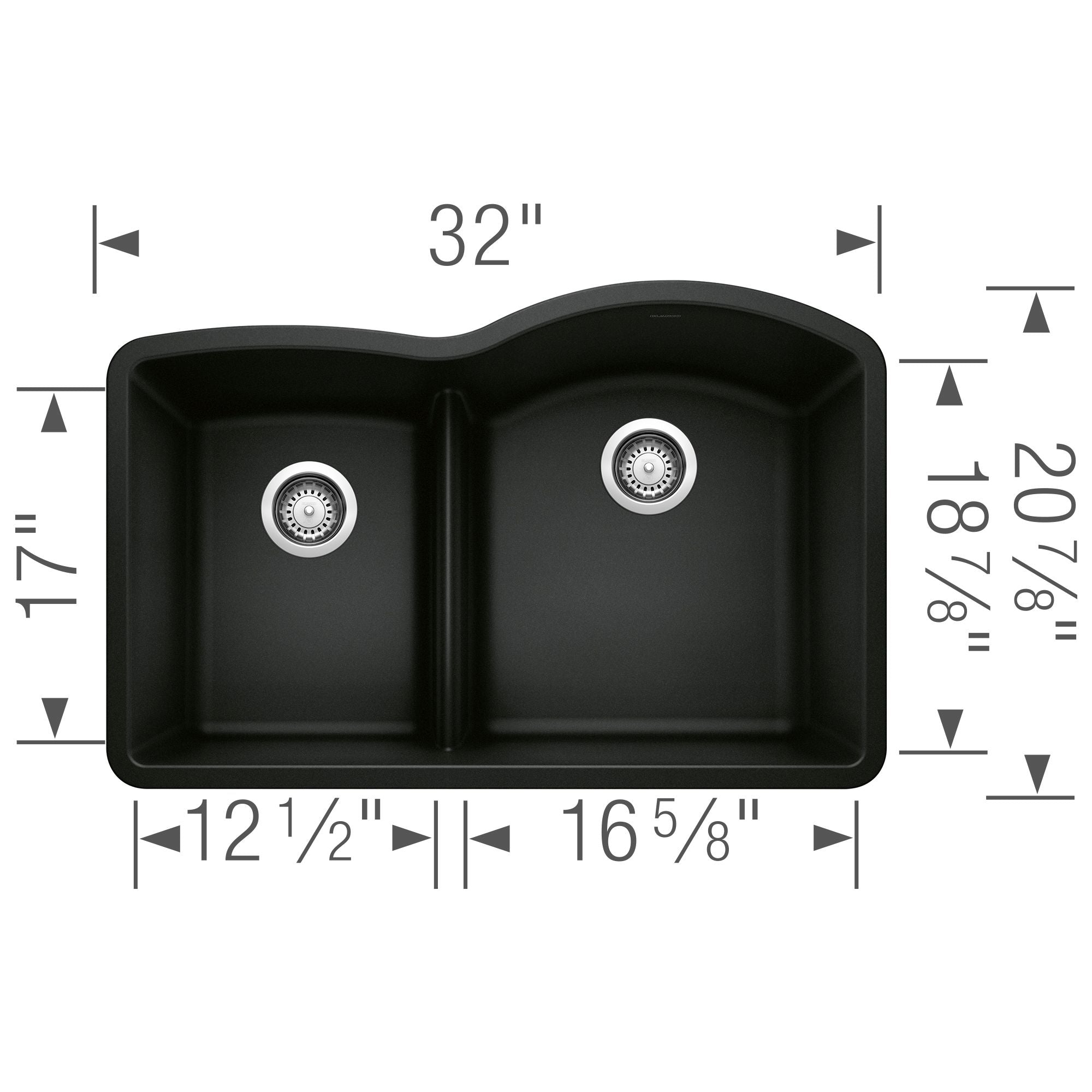 Alternate Image for Blanco Diamond 32" Undermount Granite Composite Kitchen Sink, Silgranit, 40/60 Double Bowl, Coal Black, 442911