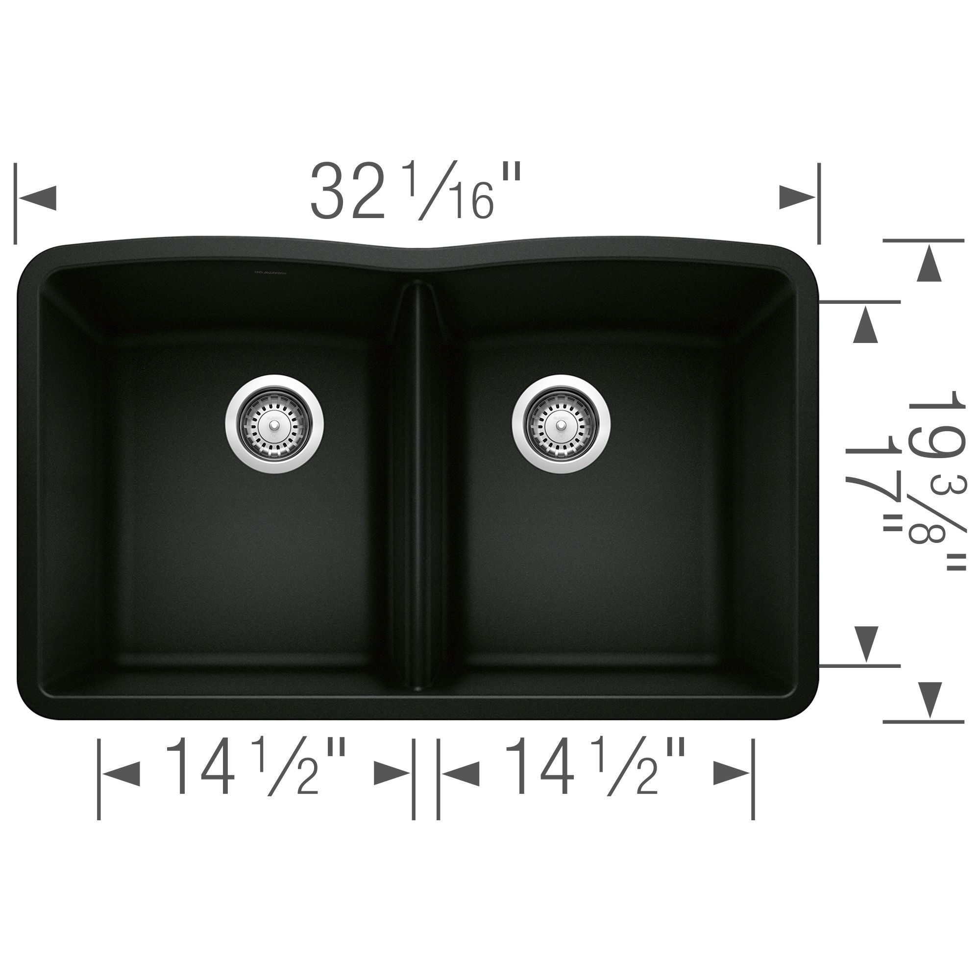 Blanco Diamond 32" Undermount Granite Composite Kitchen Sink, Silgranit, 50/50 Double Bowl, Coal Black, 442913