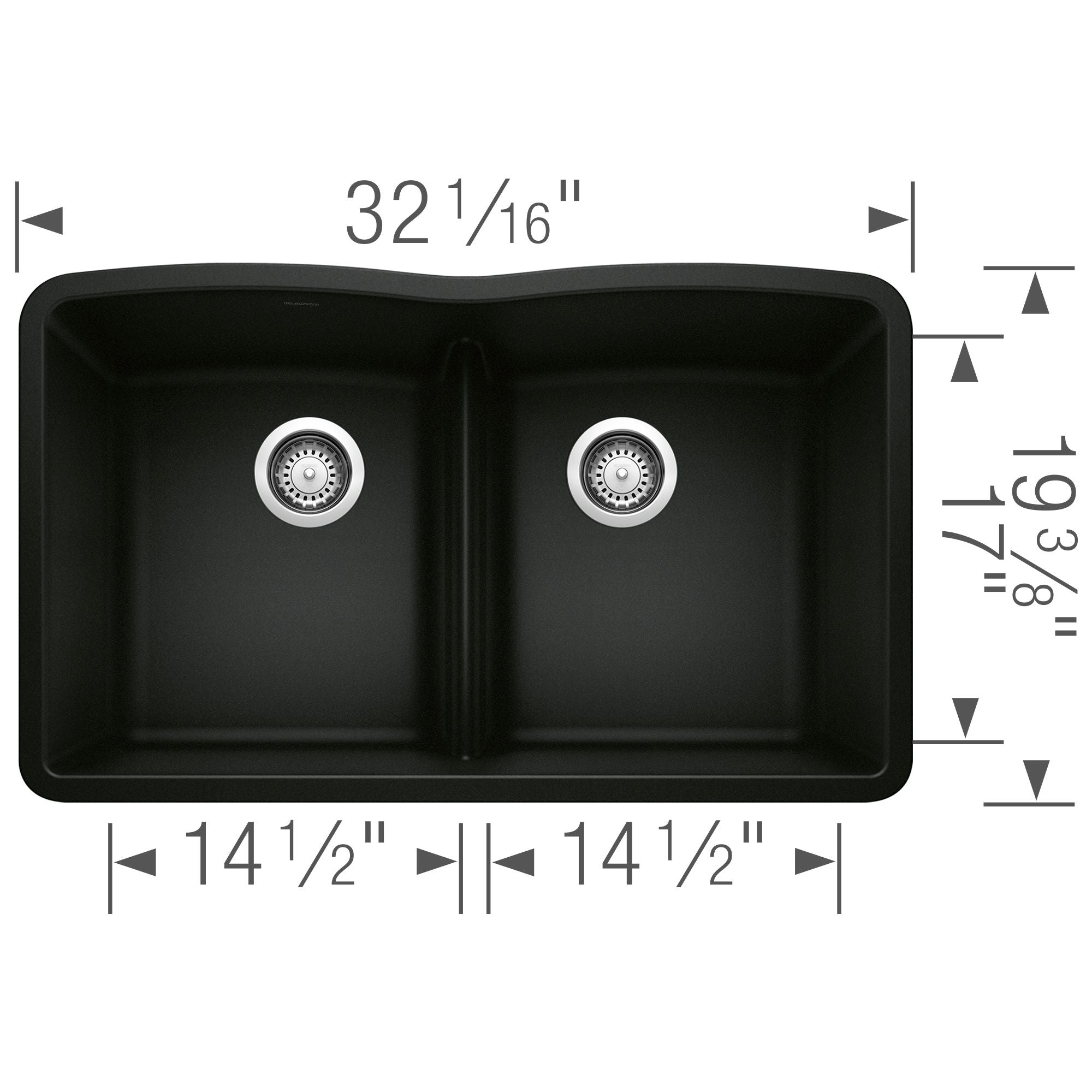 Blanco Diamond 32" Undermount Granite Composite Kitchen Sink, Silgranit, 50/50 Double Bowl, Coal Black, 442914