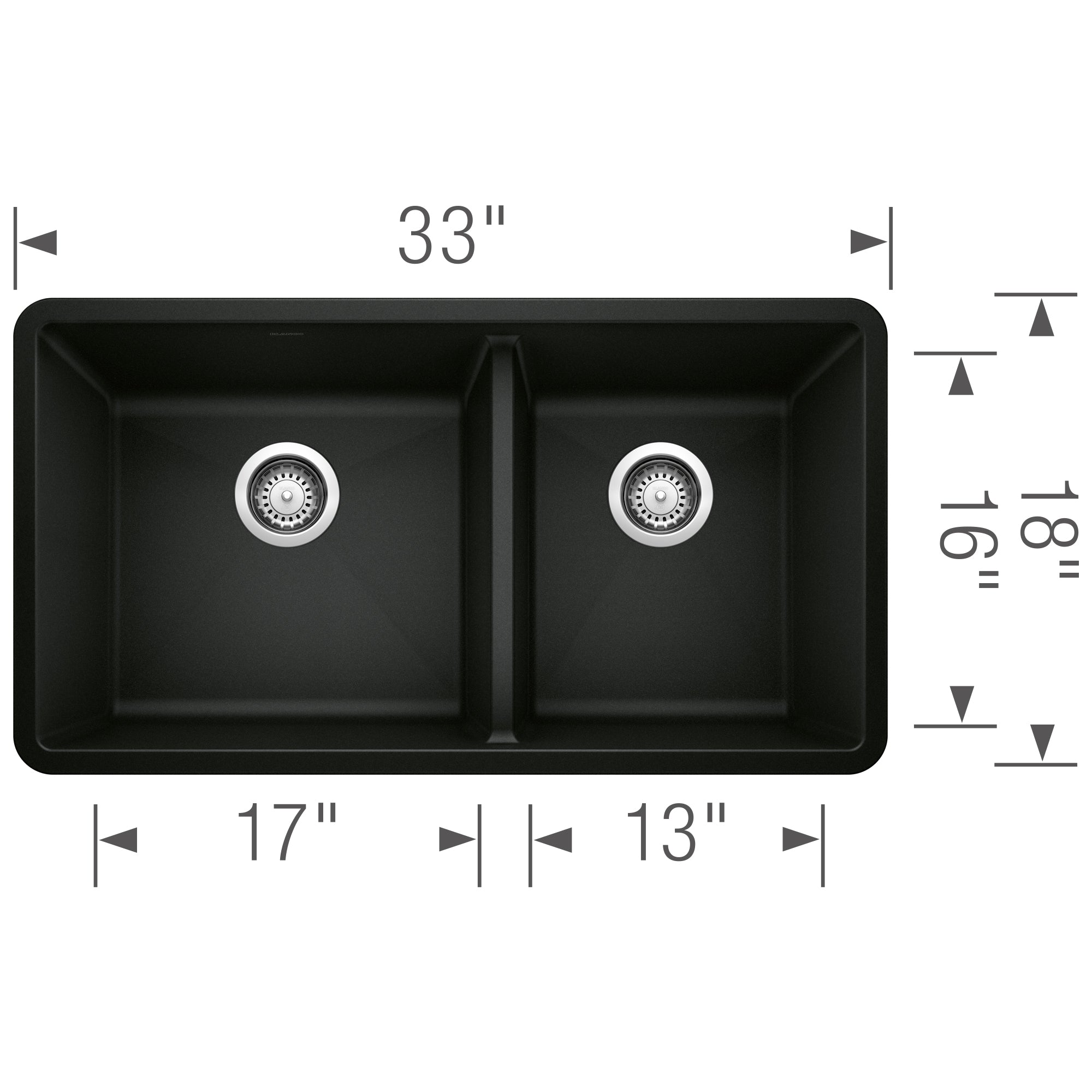 Alternate Image for Blanco Precis 33" Undermount Granite Composite Kitchen Sink, Silgranit, 60/40 Double Bowl, Coal Black, 442926