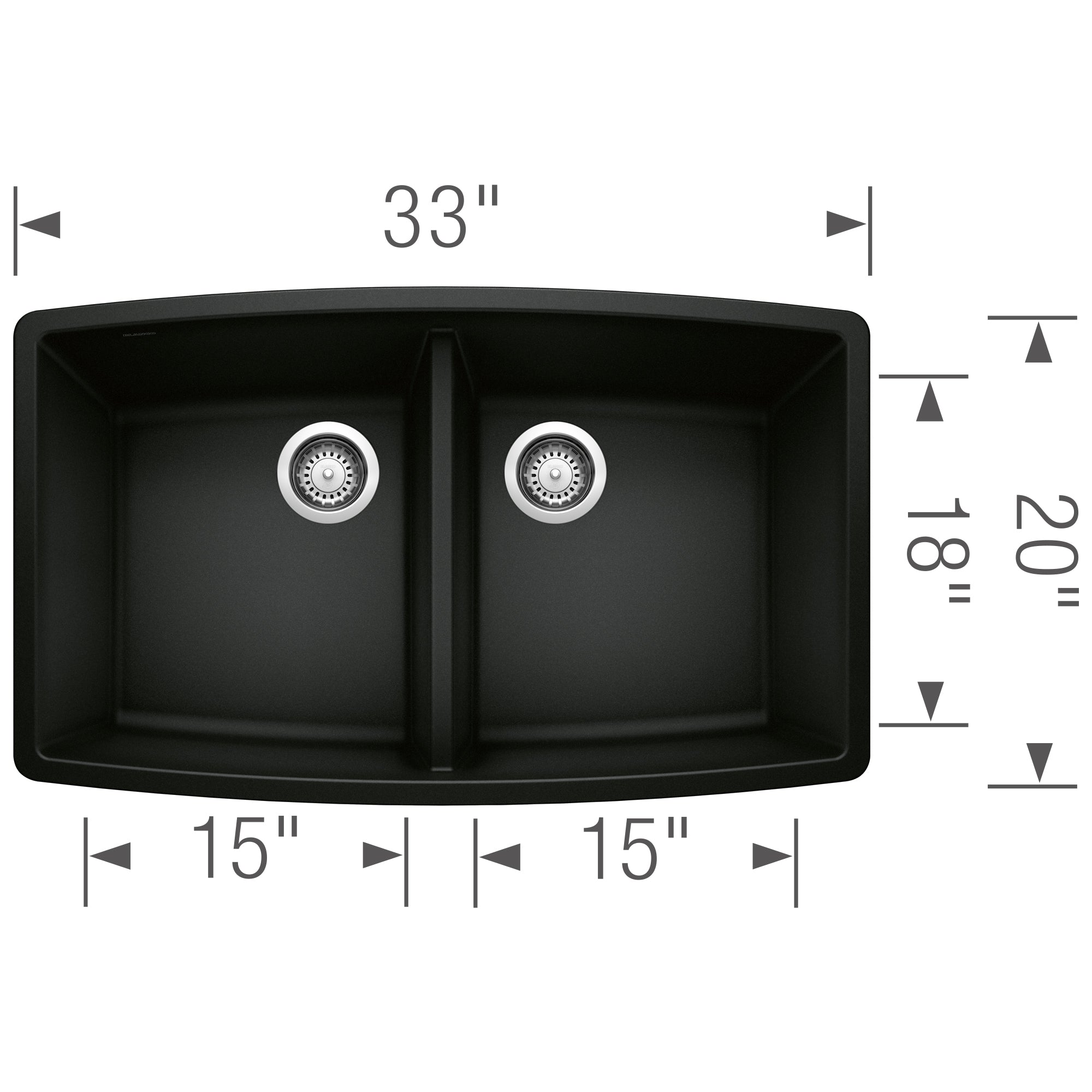 Blanco Performa 33" Undermount Granite Composite Kitchen Sink, Silgranit, 50/50 Double Bowl, Coal Black, 442937