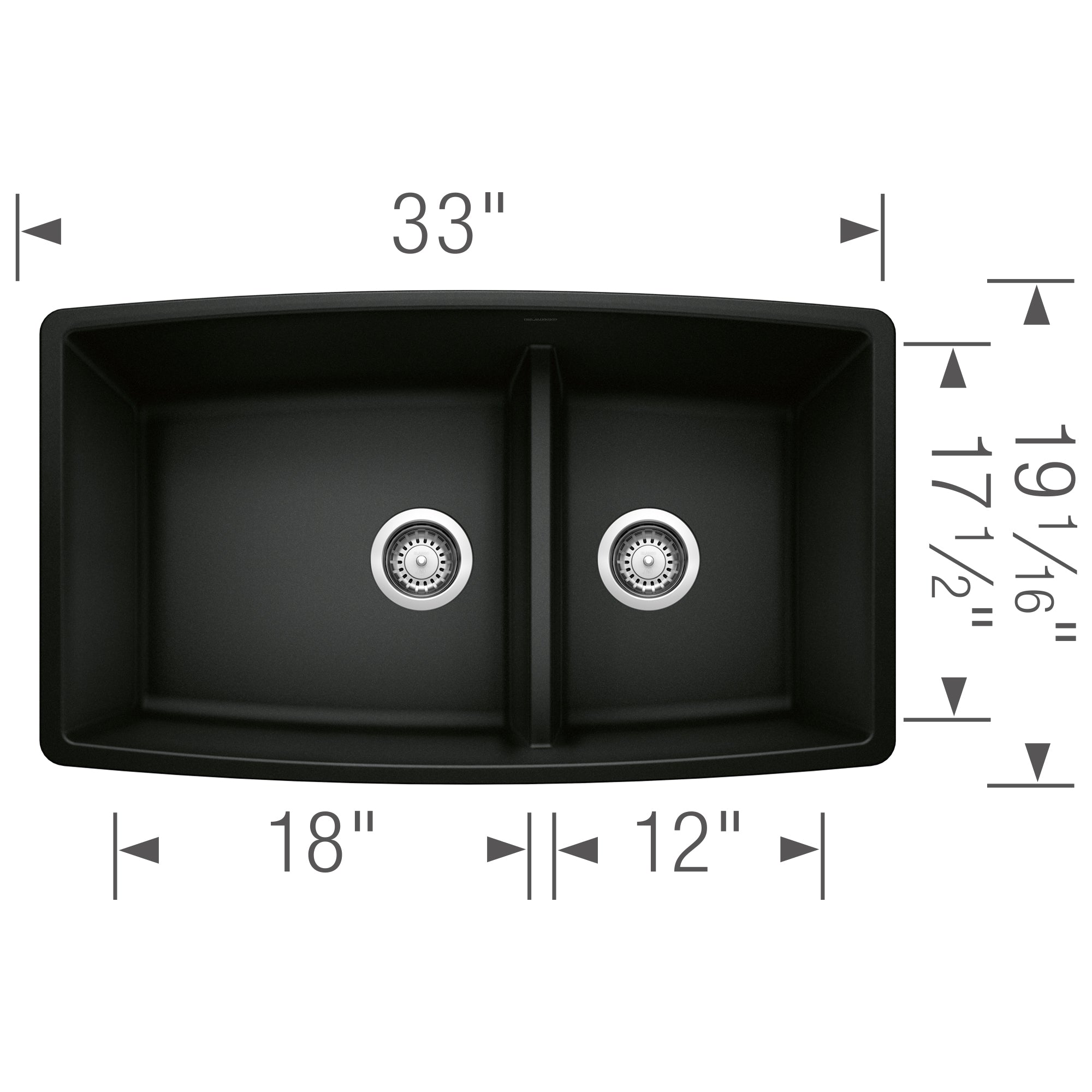 Blanco Performa 33" Undermount Granite Composite Kitchen Sink, Silgranit, 60/40 Double Bowl, Coal Black, 442939