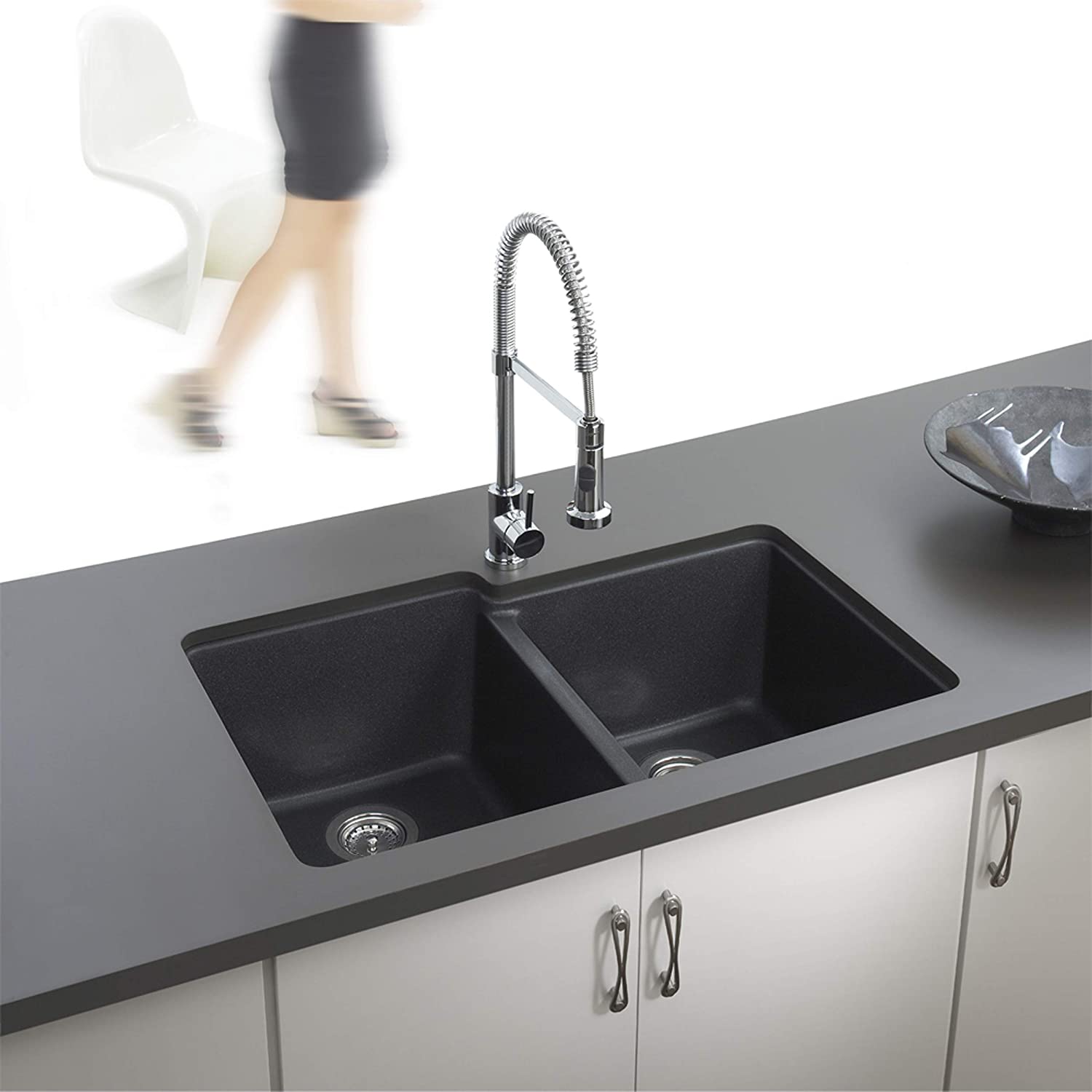 Alternate Image for Houzer 33" Granite Undermount 60/40 Double Bowl Kitchen Sink, Black, M-175U MIDNITE