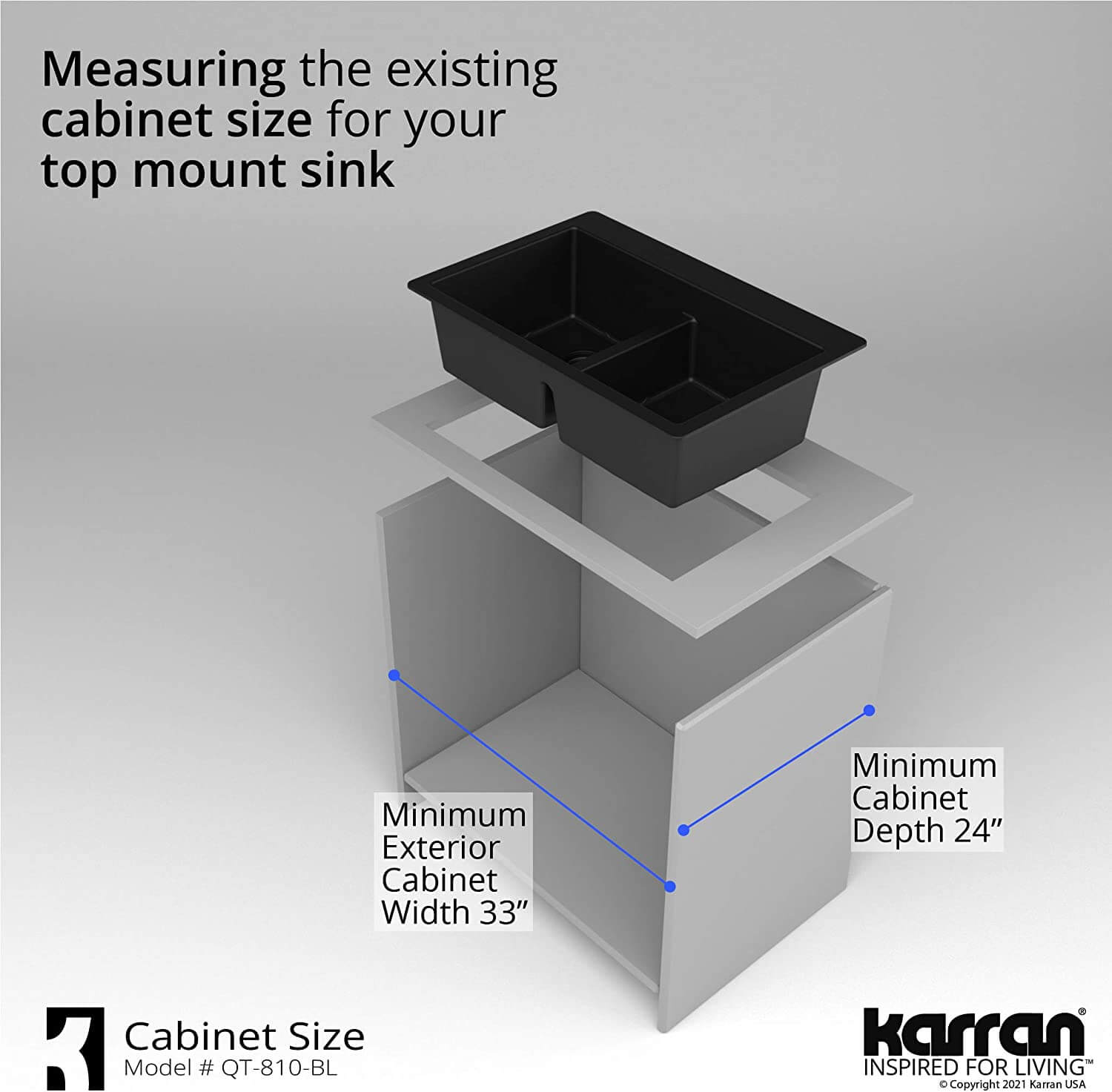 Alternate Image for Karran 33" Drop In/Topmount Quartz Composite Kitchen Sink, 50/50 Double Bowl, Black, QT-810-BL