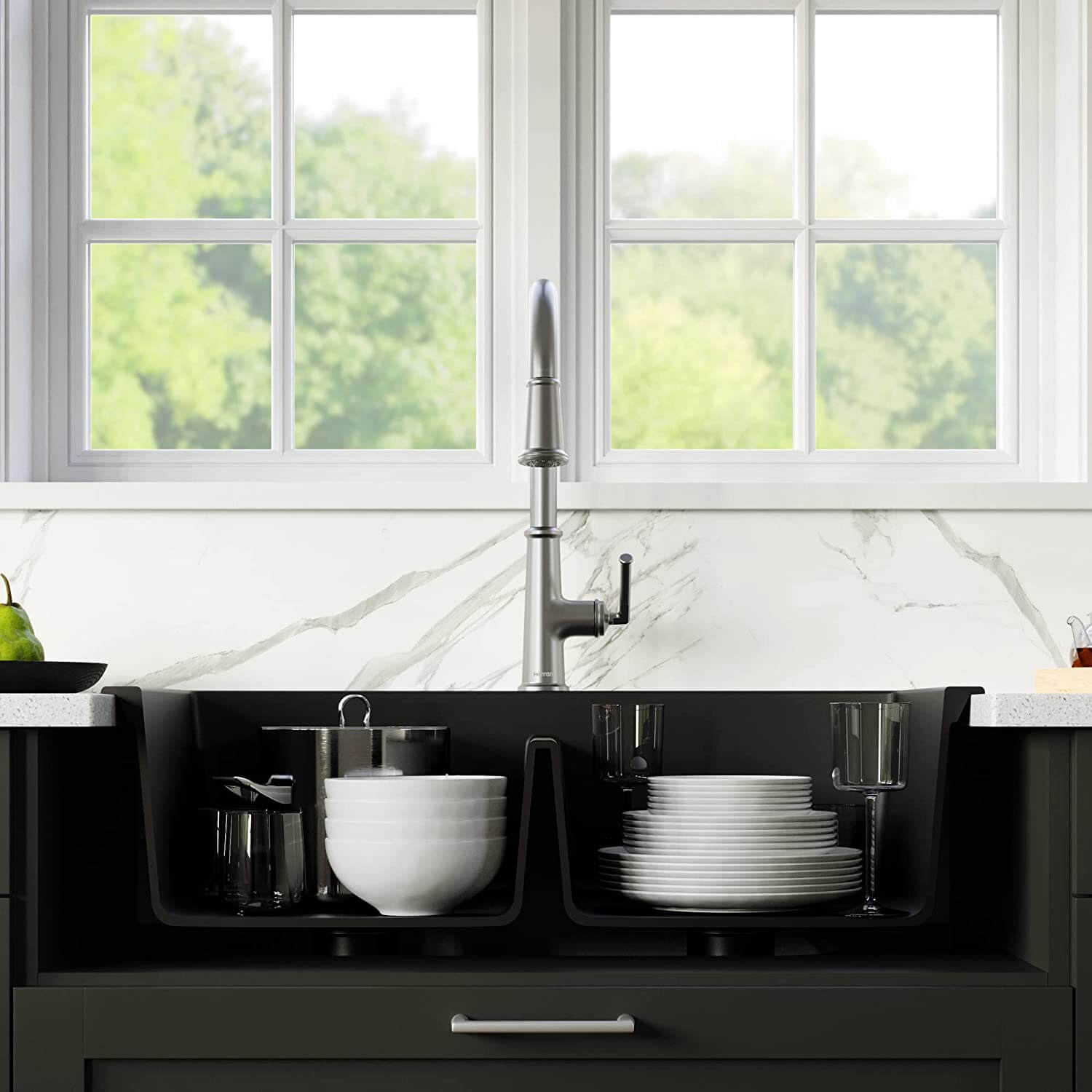 Alternate Image for Karran 33" Drop In/Topmount Quartz Composite Kitchen Sink, 50/50 Double Bowl, Black, QT-810-BL