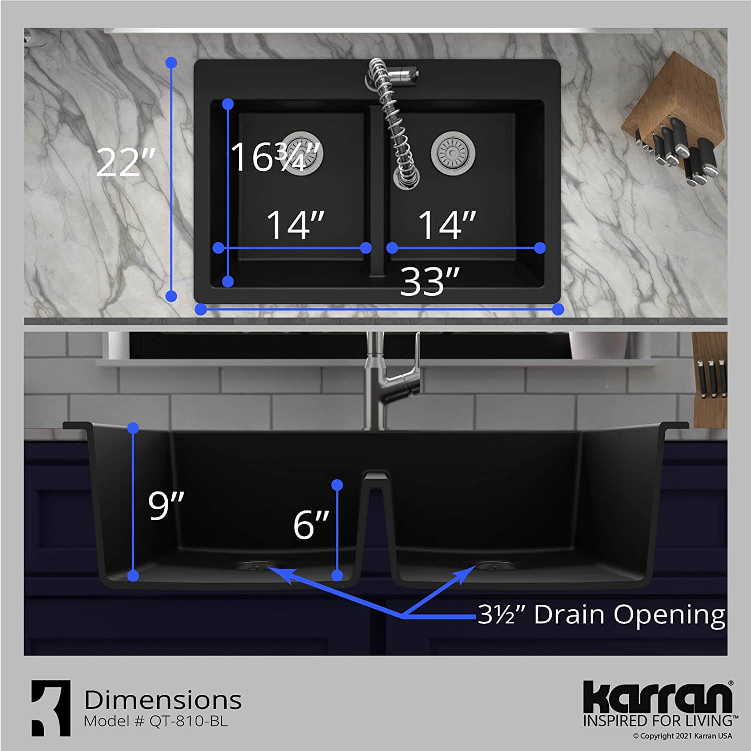 Alternate Image for Karran 33" Drop In/Topmount Quartz Composite Kitchen Sink, 50/50 Double Bowl, Black, QT-810-BL