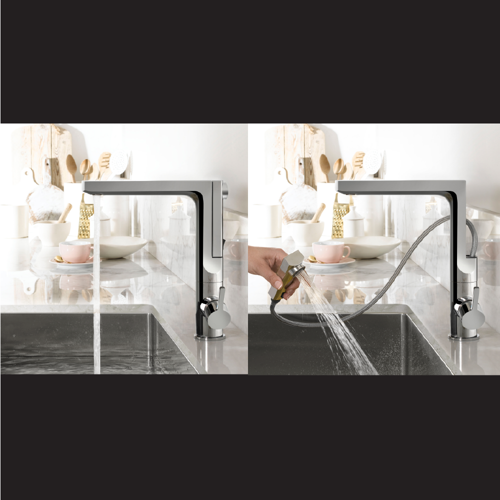 Houzer Ascend Integrated Pull Up Kitchen Faucet Brushed Nickel, ASCPU-460-BN - The Sink Boutique