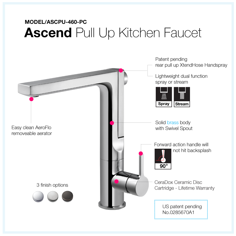 Alternate Image for Houzer Ascend Integrated Pull Up Kitchen Faucet with CeraDox Technology Polished Chrome, ASCPU-460-PC