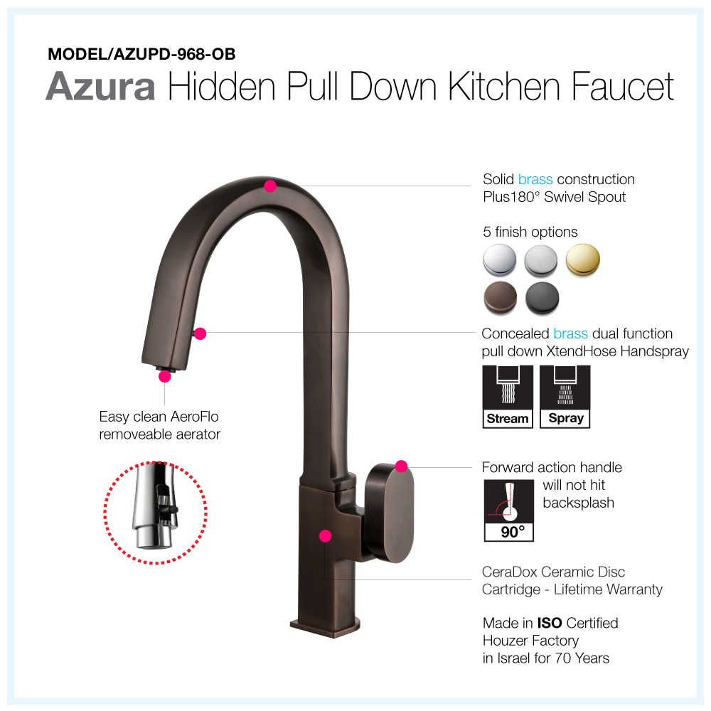 Alternate Image for Houzer Azura Hidden Pull Down Kitchen Faucet Oil Rubbed Bronze, AZUPD-968-OB