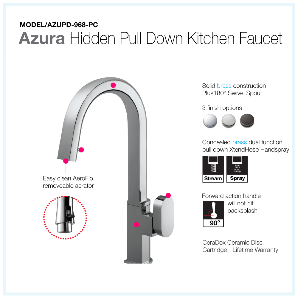 Alternate Image for Houzer Azura Hidden Pull Down Kitchen Faucet with CeraDox Technology Polished Chrome, AZUPD-968-PC