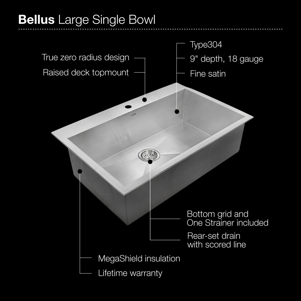 Alternate Image for Houzer 33" Stainless Steel Topmount Single Bowl Kitchen Sink, 18 Gauge, BLS-3322